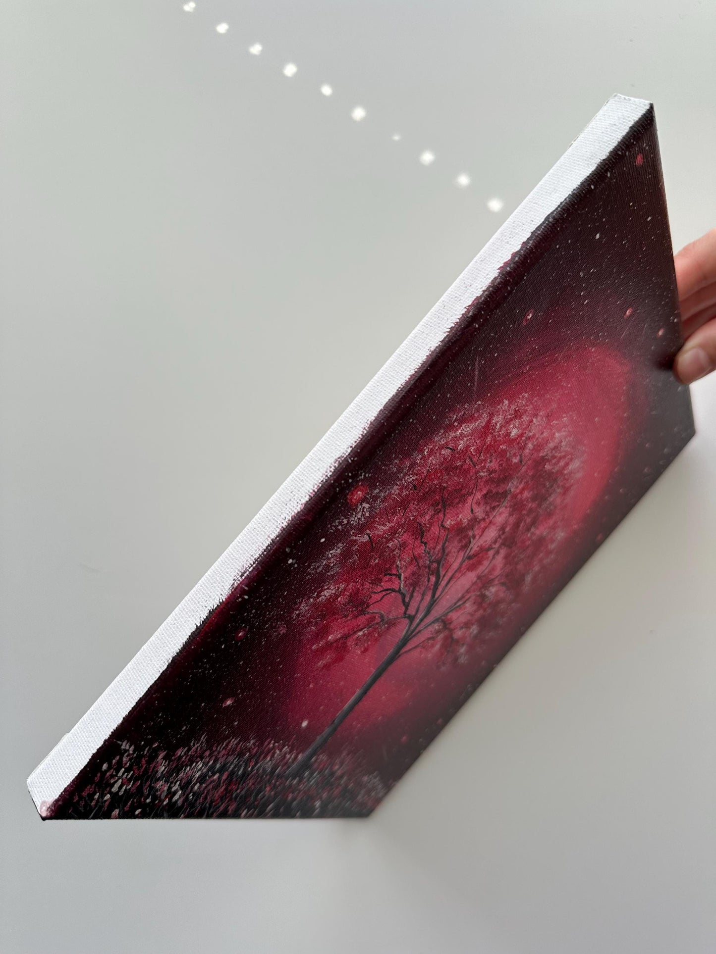 Crimson Tree Under a Starlit Sky – Original Acrylic Painting, 8×10 inch on Canvas