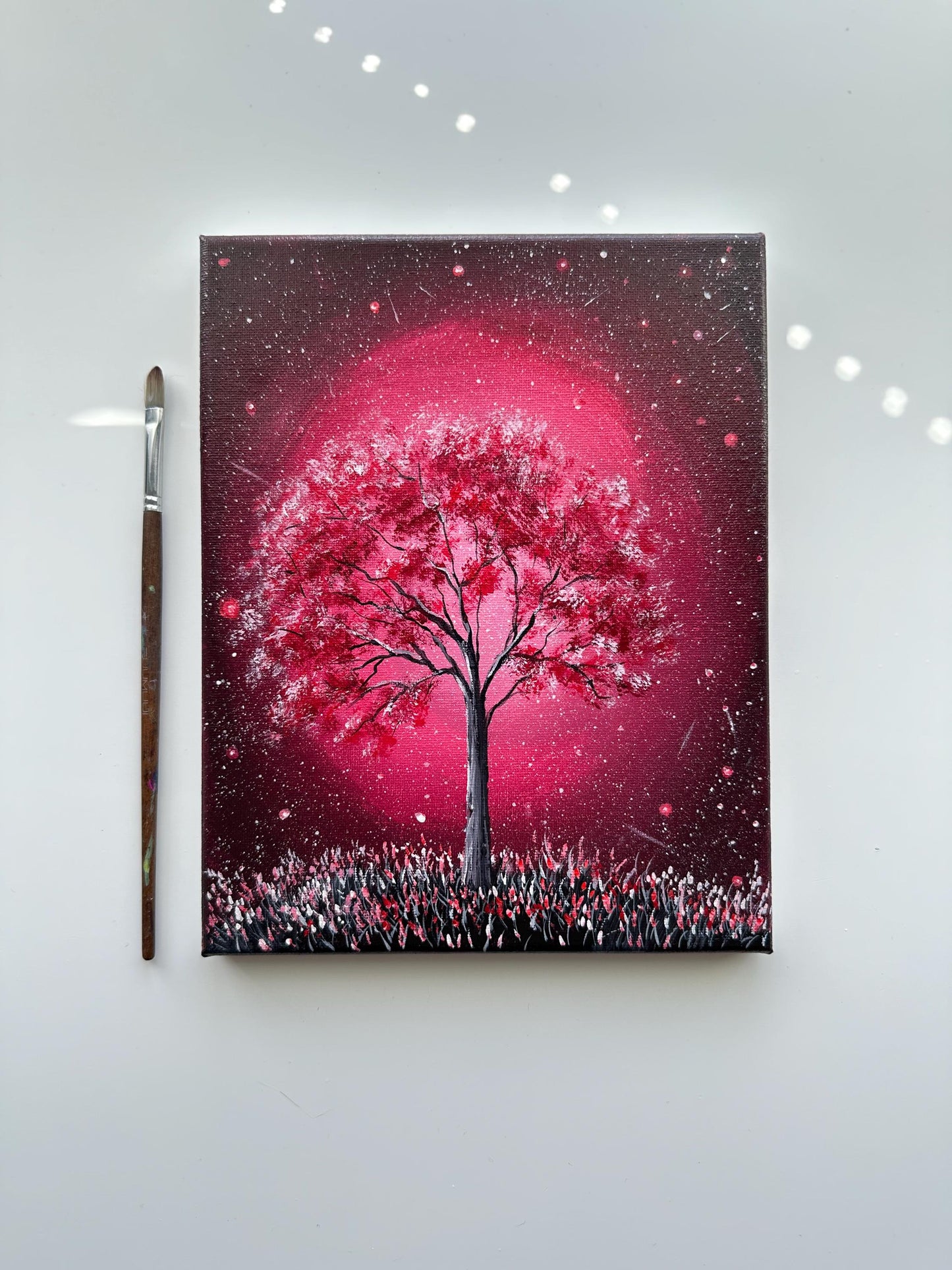 Crimson Tree Under a Starlit Sky – Original Acrylic Painting, 8×10 inch on Canvas
