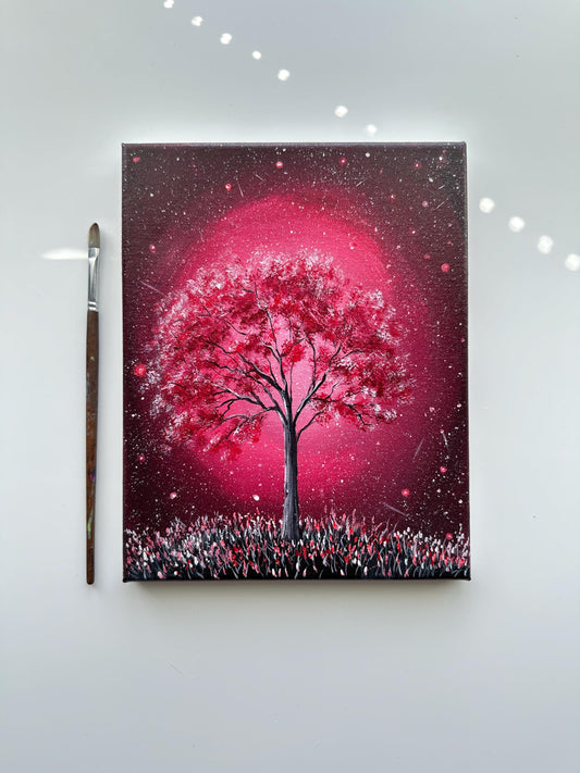 Crimson Tree Under a Starlit Sky – Original Acrylic Painting, 8×10 inch on Canvas
