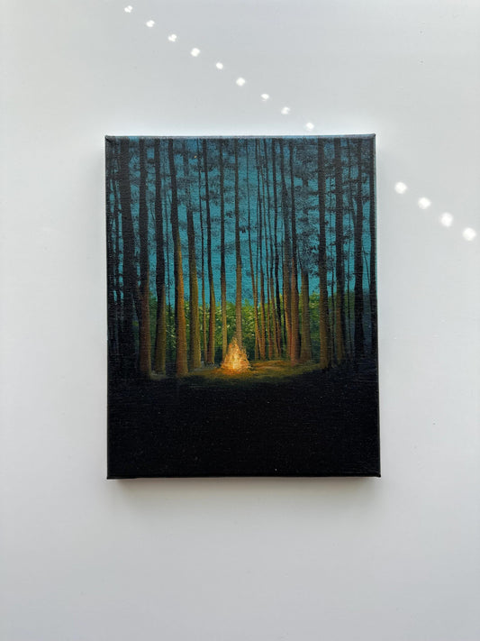 Campfire in a Quiet Forest – Original Acrylic Painting, 8×10 inch on Canvas