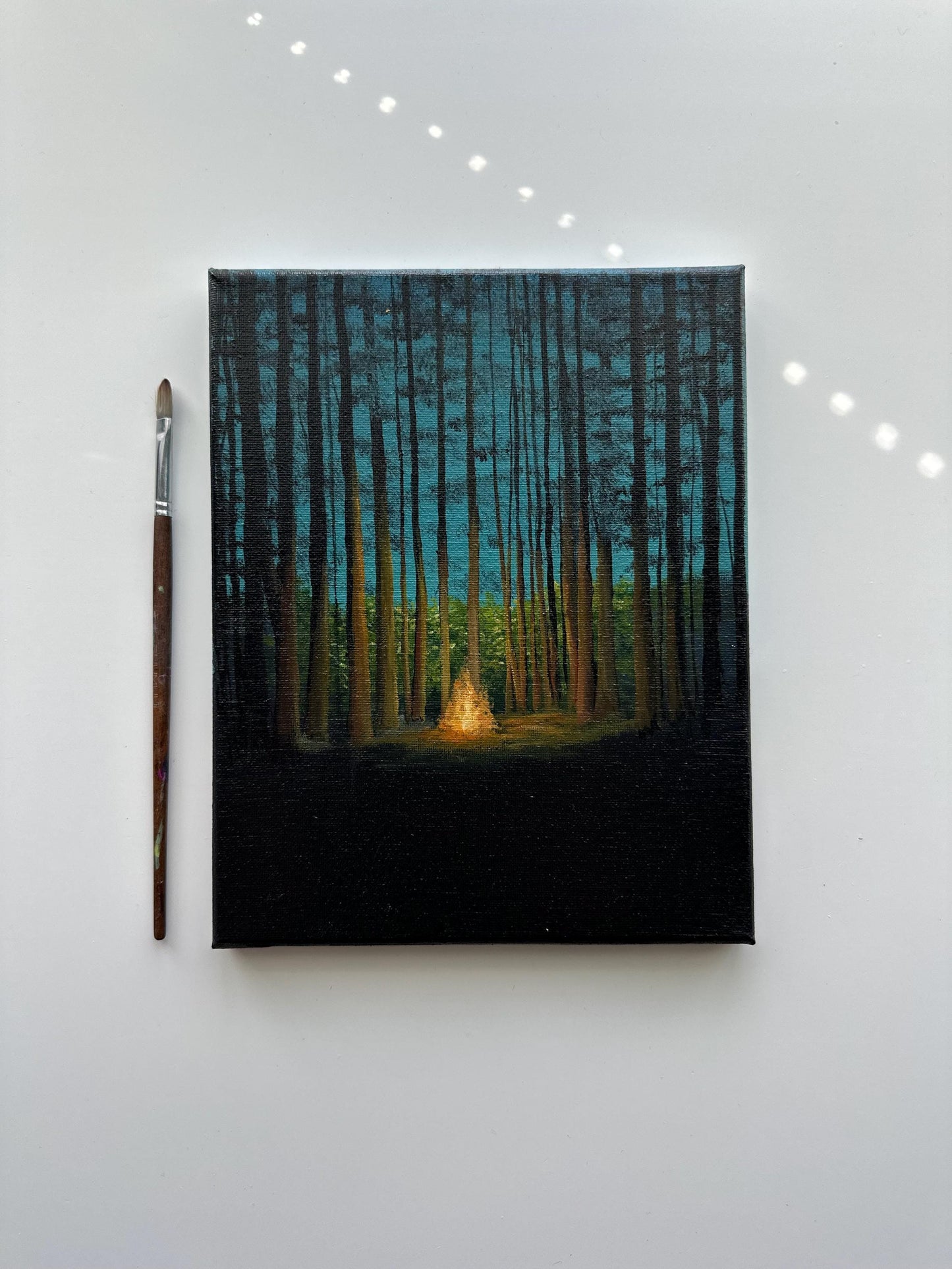 Campfire in a Quiet Forest – Original Acrylic Painting, 8×10 inch on Canvas