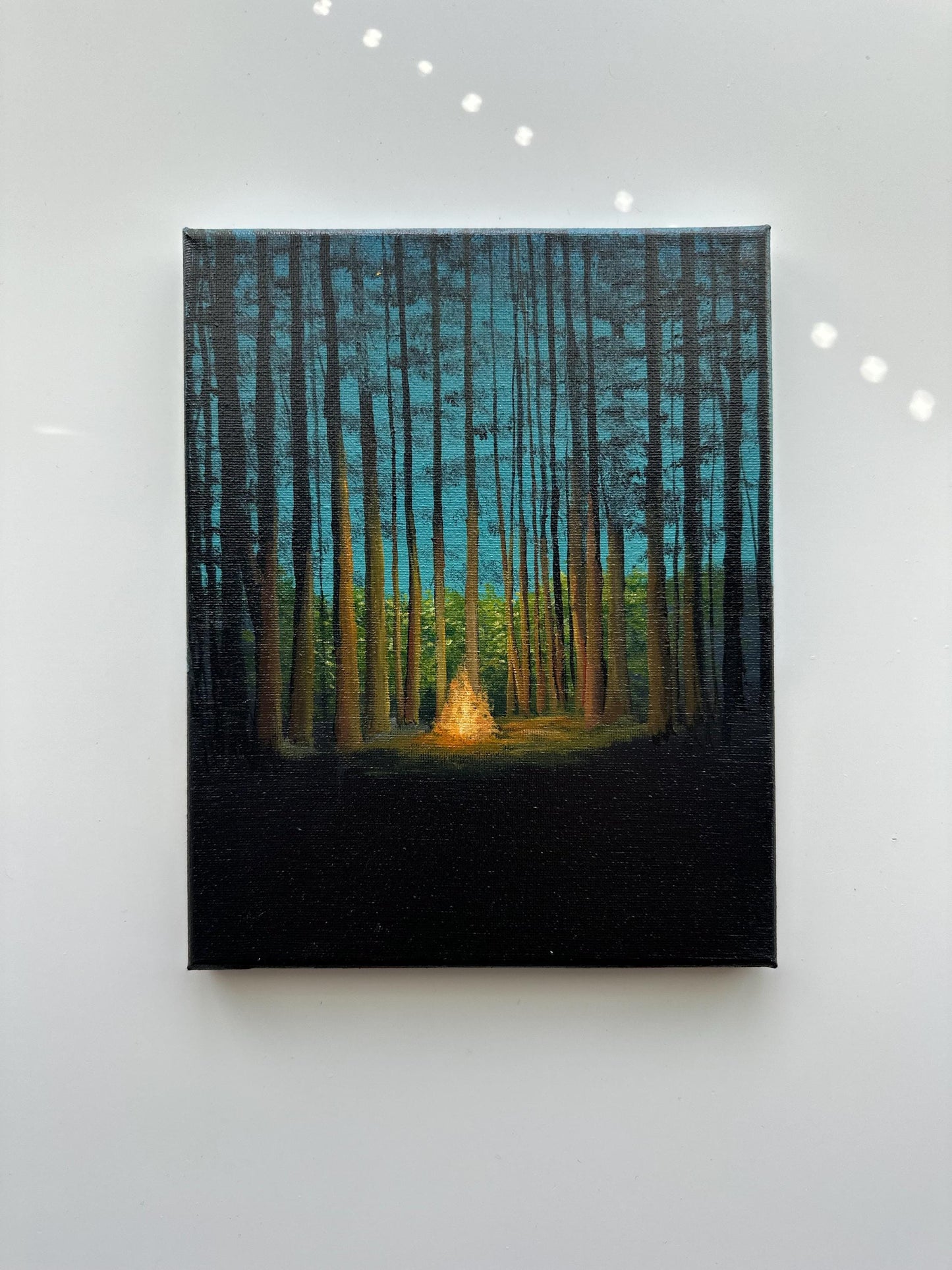 Campfire in a Quiet Forest – Original Acrylic Painting, 8×10 inch on Canvas