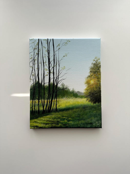 Golden Light Through the Trees – Original Acrylic Painting, 8×10 inch on Canvas