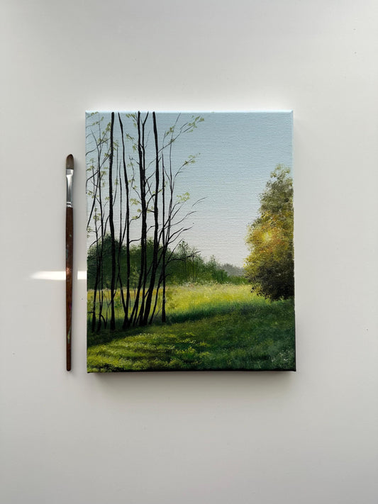 Golden Light Through the Trees – Original Acrylic Painting, 8×10 inch on Canvas