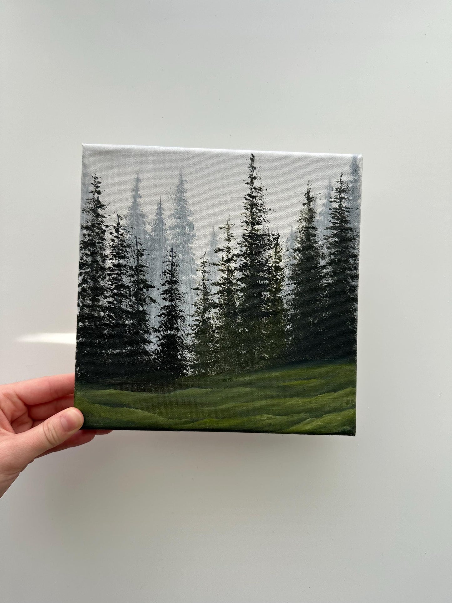 Misty Pine Forest Hills – Original Acrylic Painting, 8×8 inch on Canvas