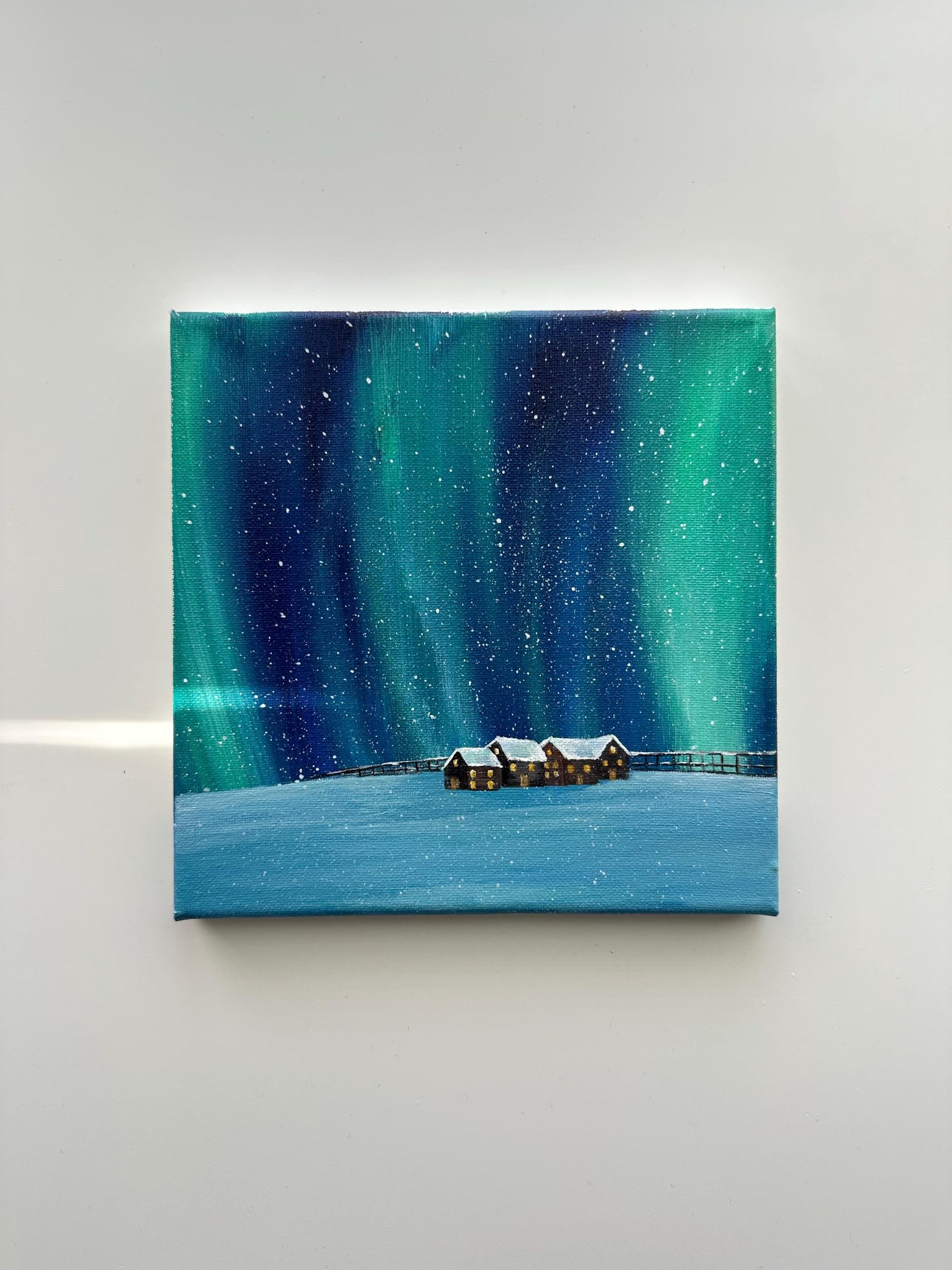 Northern Lights Winter Cabins – Original Acrylic Painting, 8×8 inch on Canvas