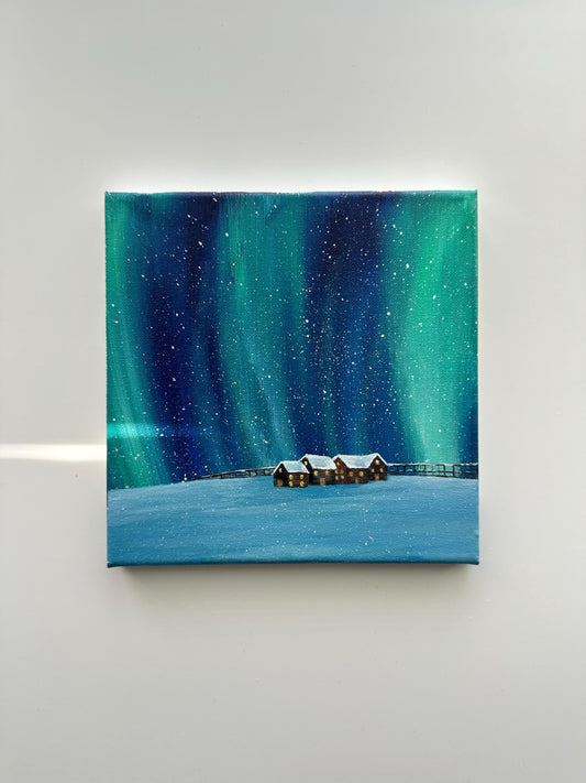 Northern Lights Winter Cabins – Original Acrylic Painting, 8×8 inch on Canvas