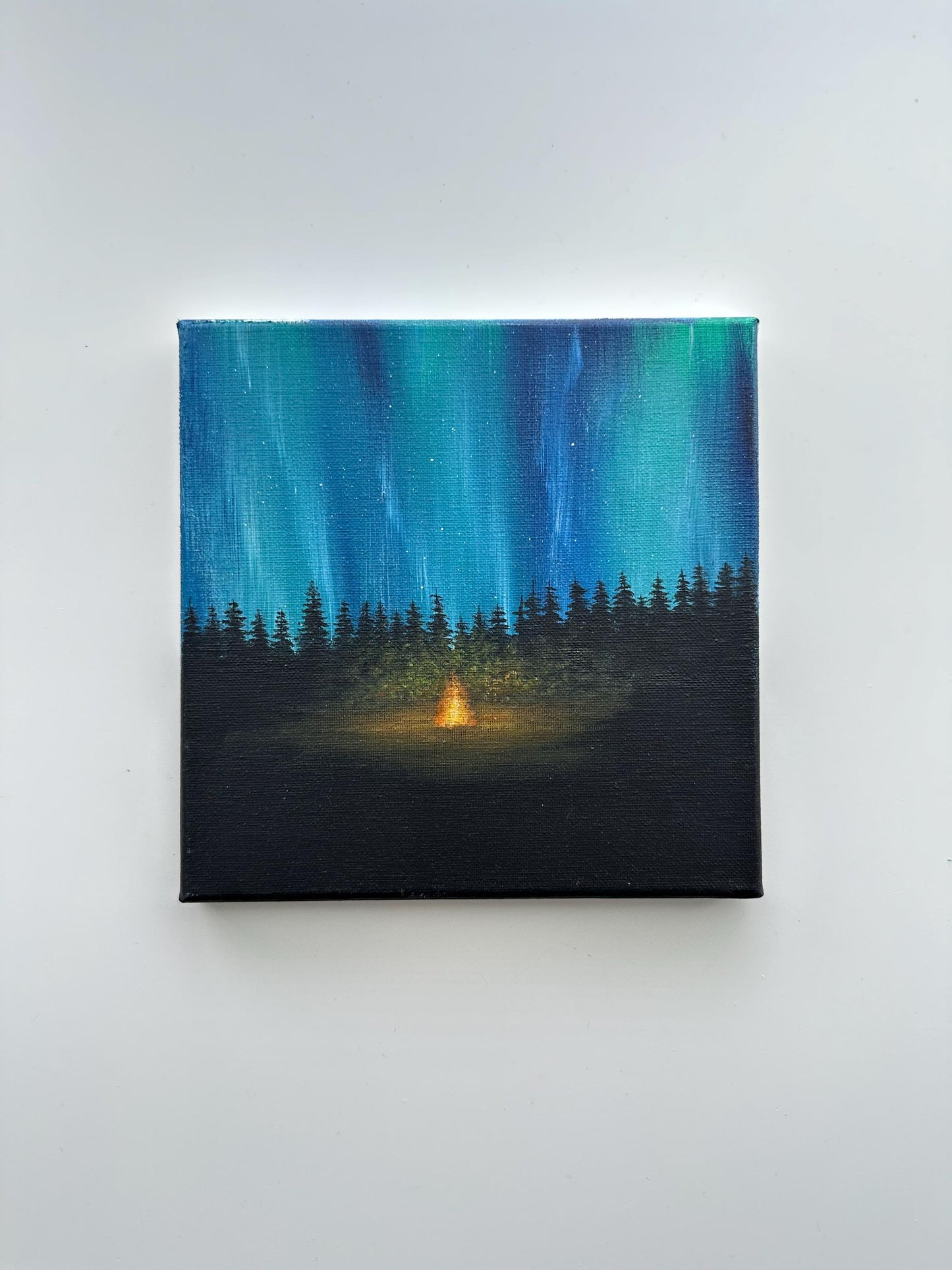 Aurora Campfire Night – Original Acrylic Painting, 8×8 inch on Canvas