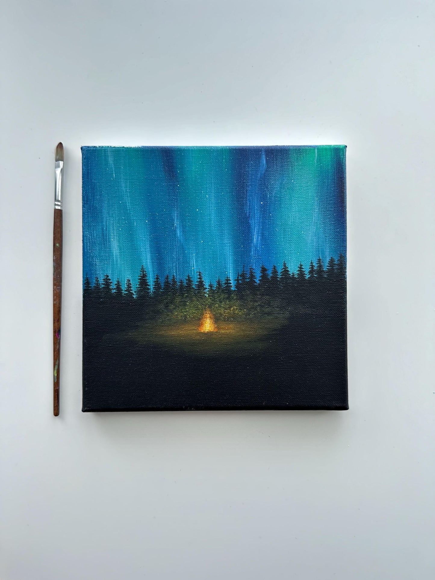 Aurora Campfire Night – Original Acrylic Painting, 8×8 inch on Canvas