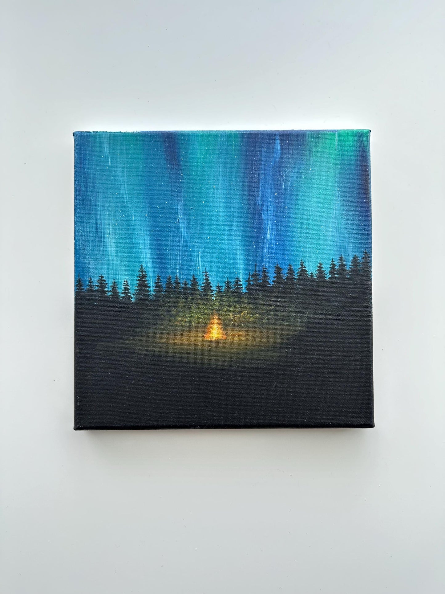 Aurora Campfire Night – Original Acrylic Painting, 8×8 inch on Canvas