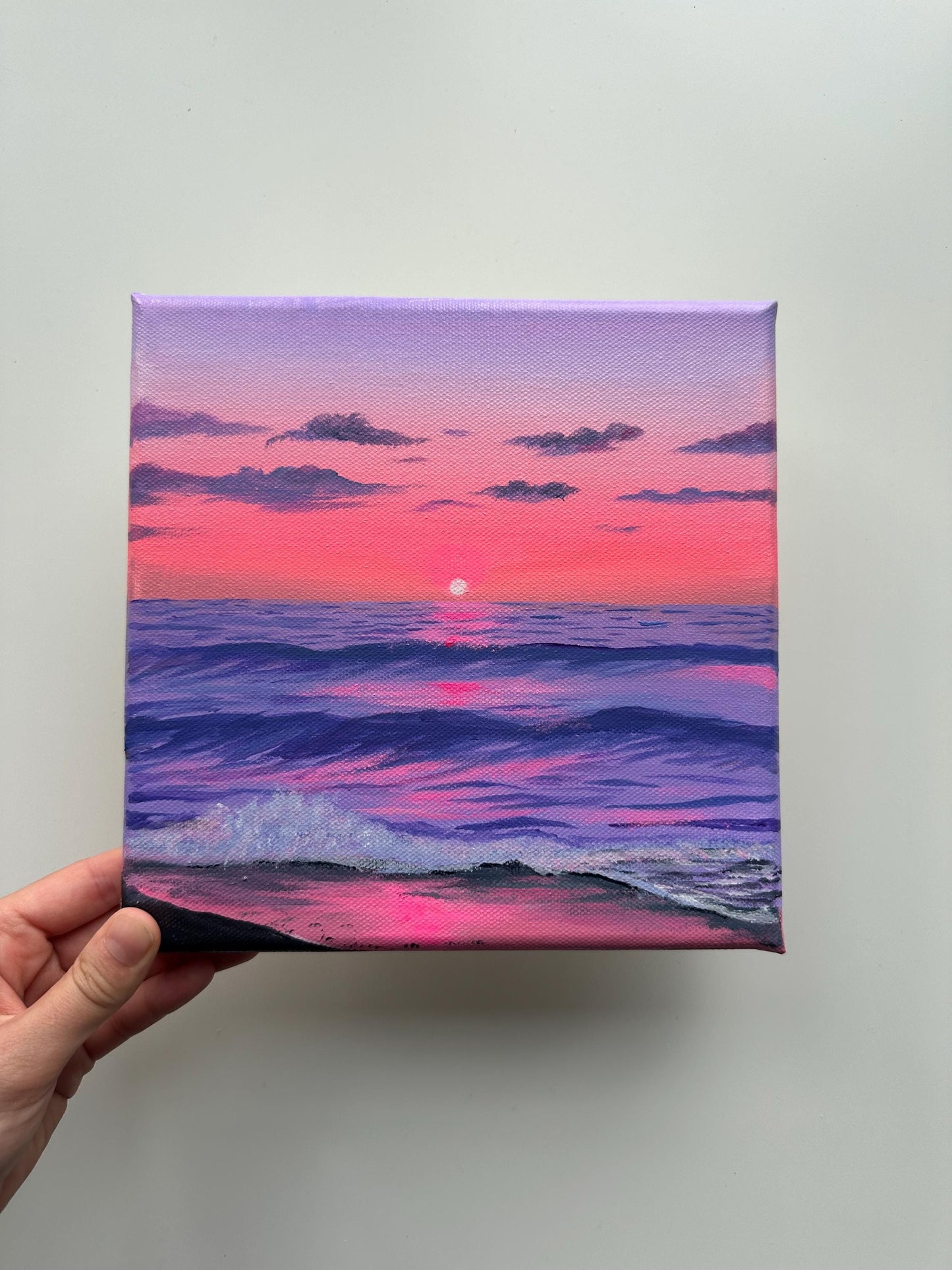 Lavender Sunset Ocean Painting: Coastal Acrylic Seascape Art 8x8