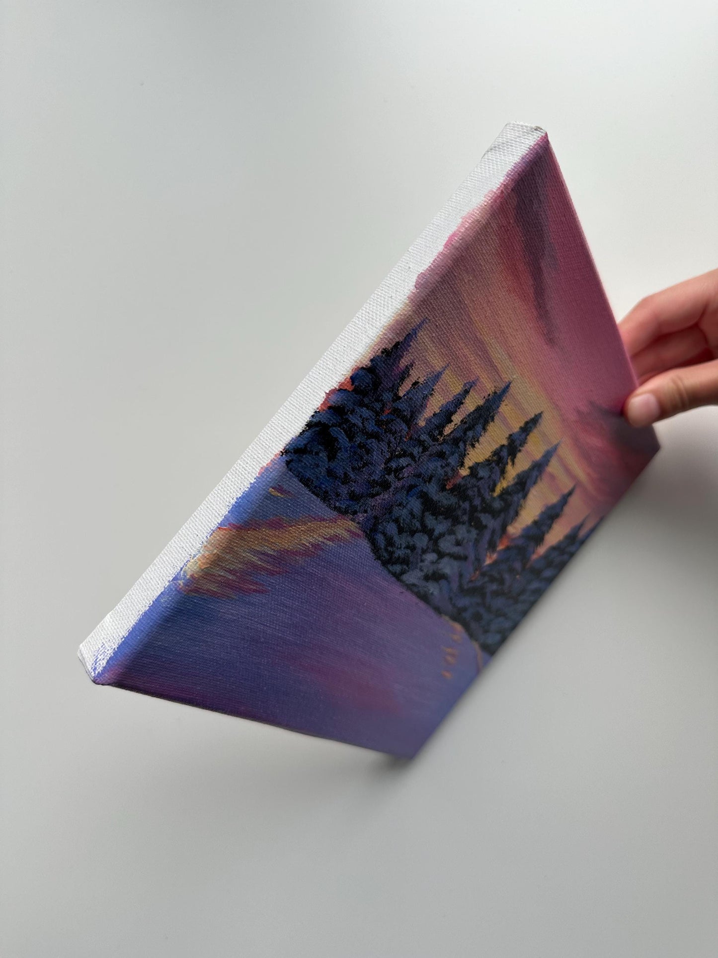 Winter Sunset Acrylic Painting: Snowy Pine Trees, Purple Pink Sky, 8x8 Canvas