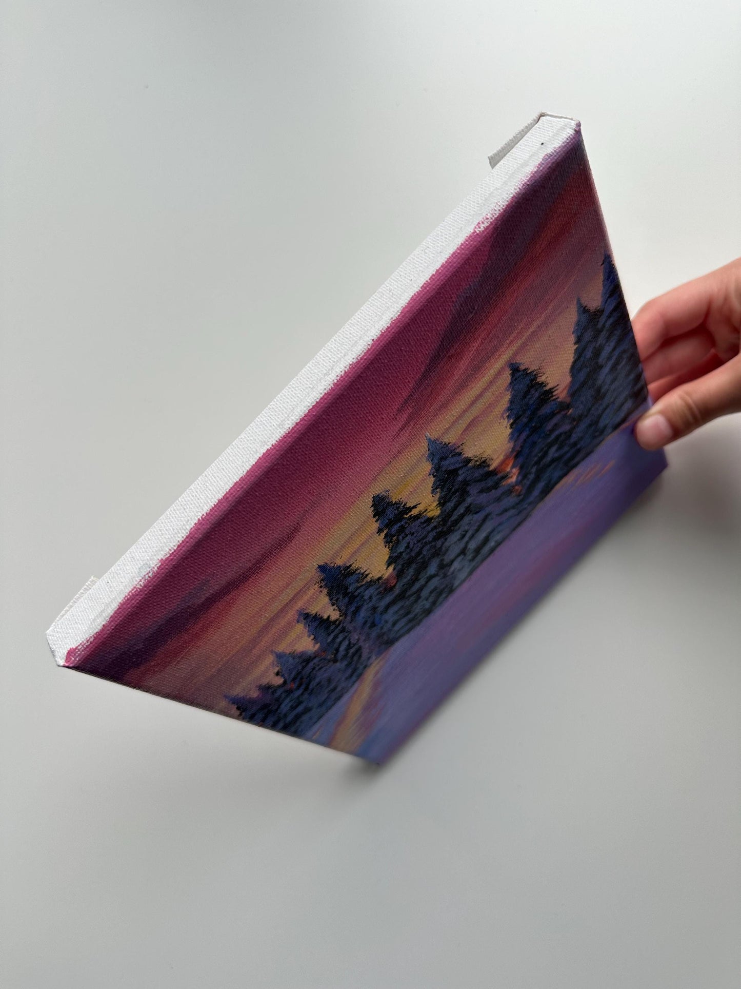 Winter Sunset Acrylic Painting: Snowy Pine Trees, Purple Pink Sky, 8x8 Canvas