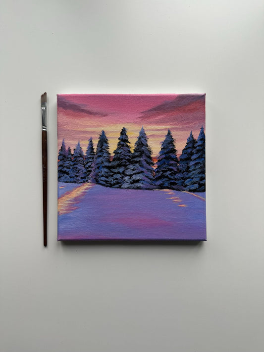 Winter Sunset Acrylic Painting: Snowy Pine Trees, Purple Pink Sky, 8x8 Canvas