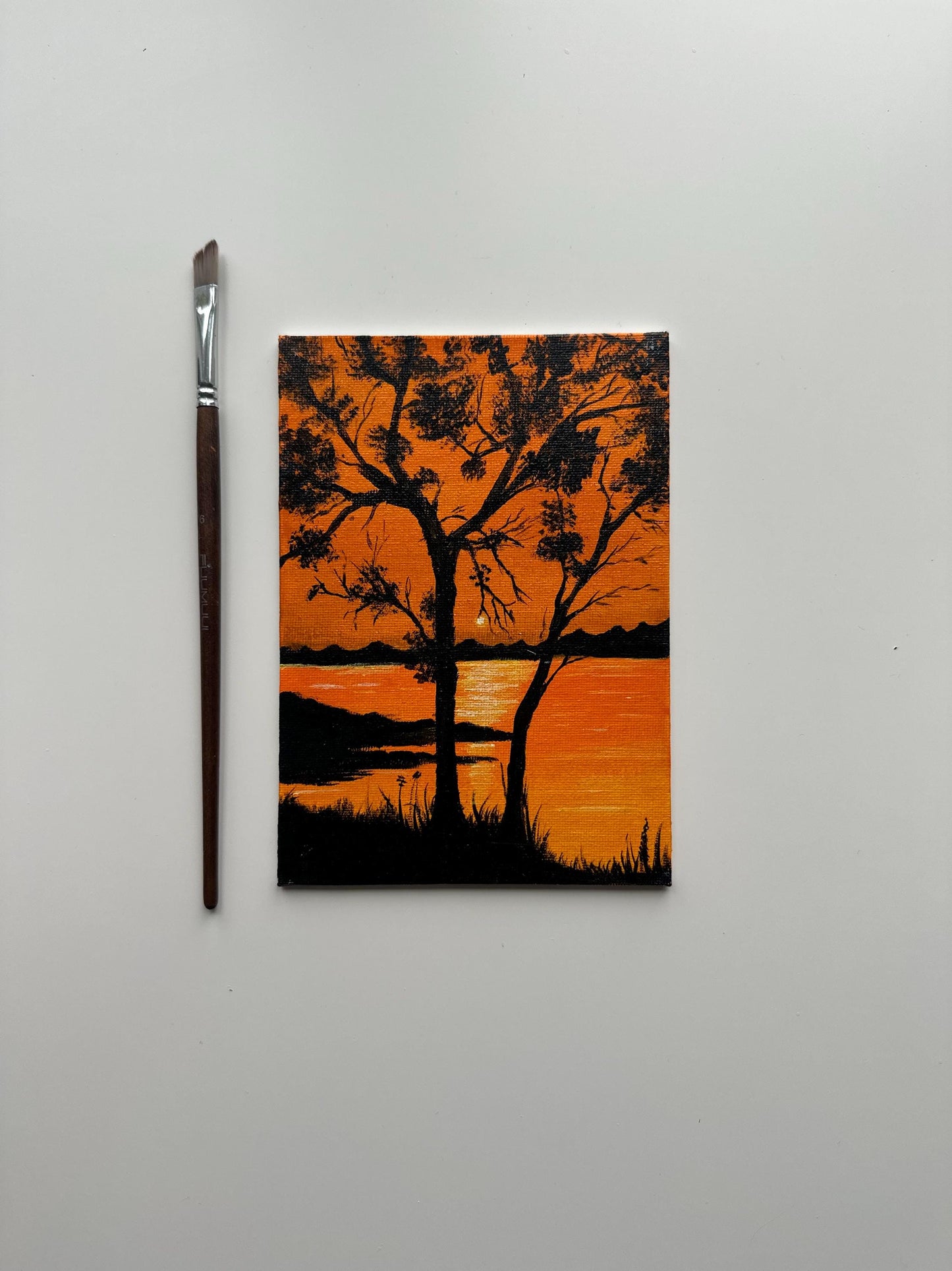Lakeside Sunset Painting: Original Acrylic Landscape Art, 5x7 Canvas Board