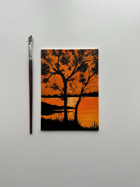 Lakeside Sunset Painting: Original Acrylic Landscape Art, 5x7 Canvas Board