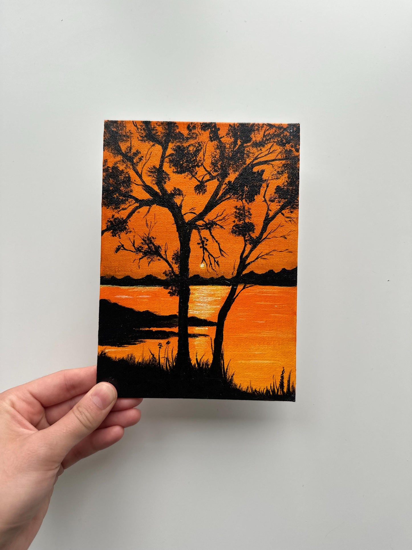 Lakeside Sunset Painting: Original Acrylic Landscape Art, 5x7 Canvas Board