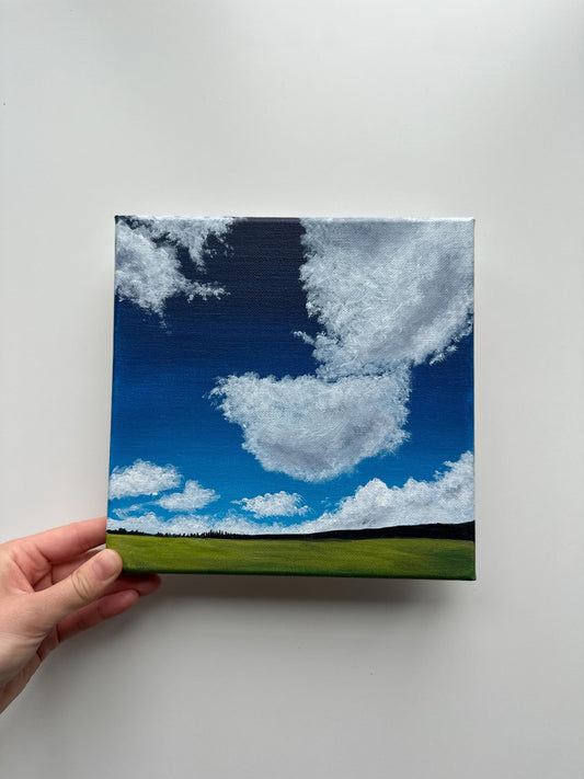 Big Sky and Rolling Field – Original Acrylic Painting, 8×8 inch on Canvas