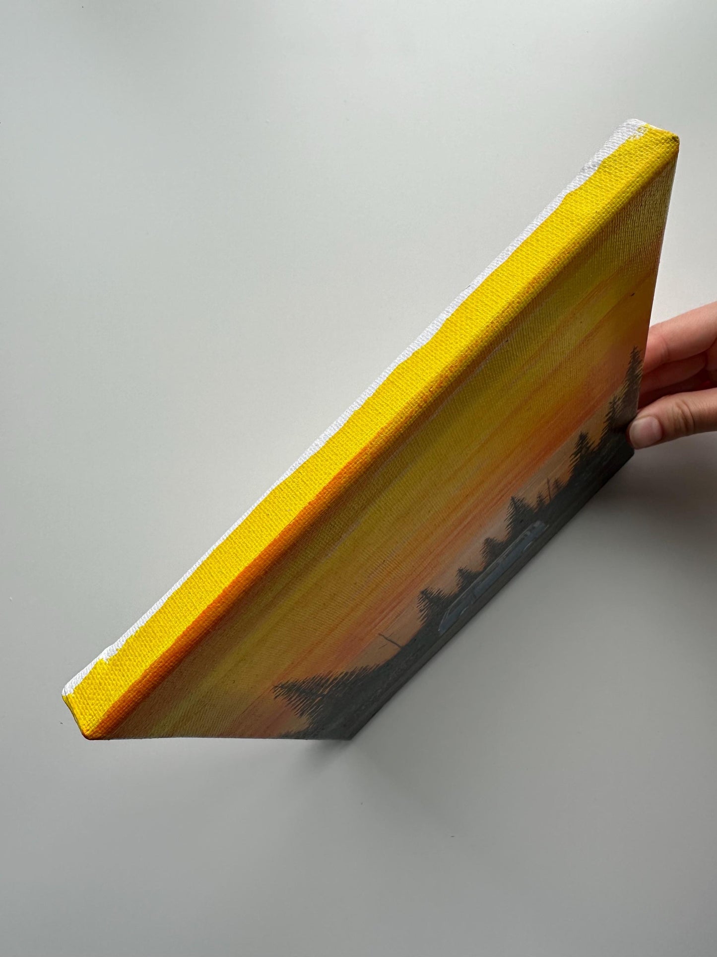 Sunset Road Trip Van in Pine Forest – Original Acrylic Painting, 8×8 inch on Canvas