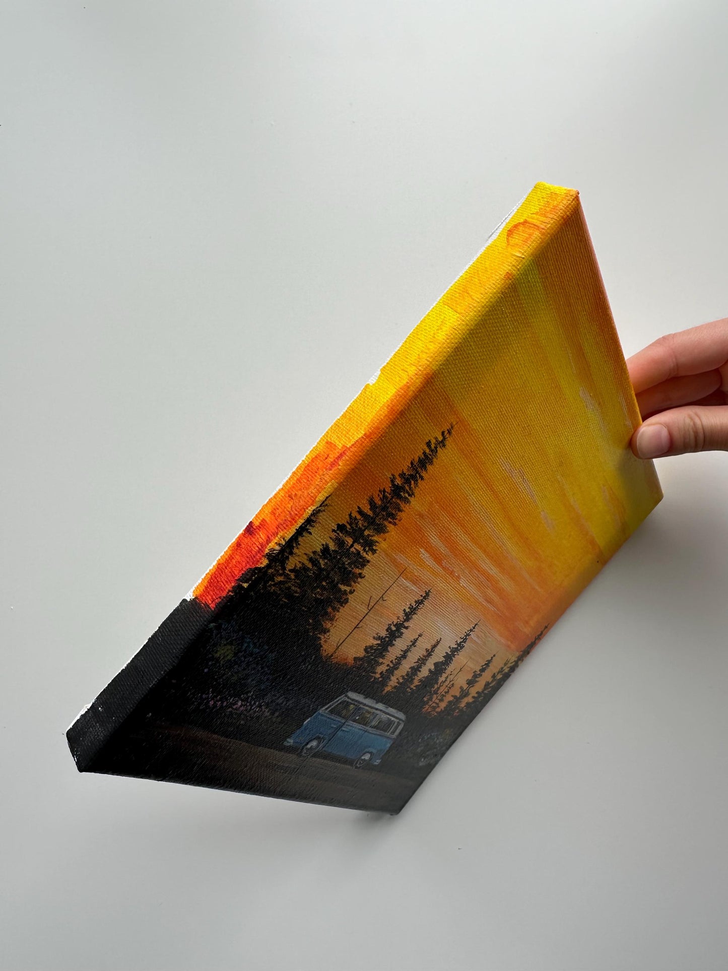 Sunset Road Trip Van in Pine Forest – Original Acrylic Painting, 8×8 inch on Canvas