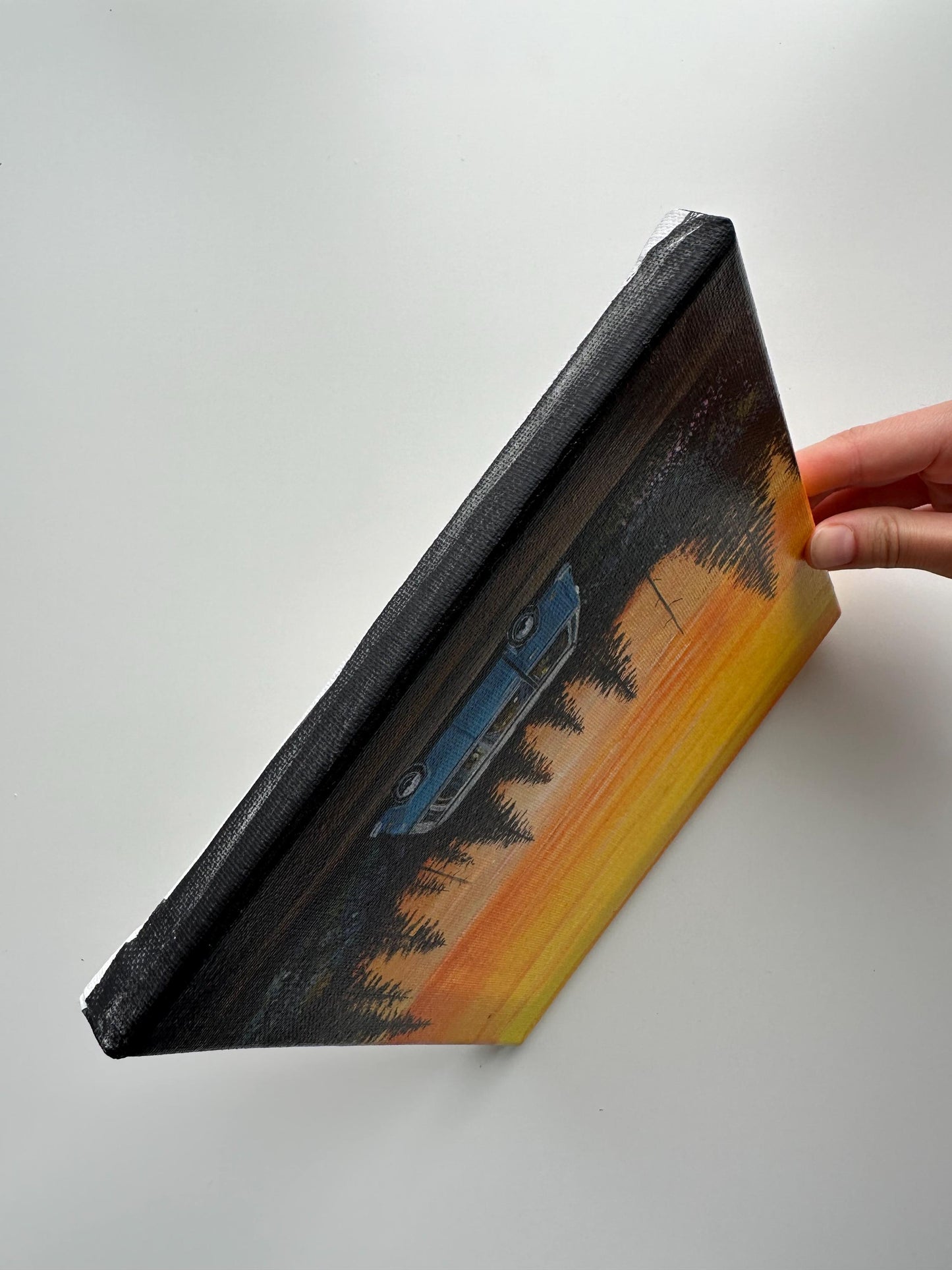 Sunset Road Trip Van in Pine Forest – Original Acrylic Painting, 8×8 inch on Canvas