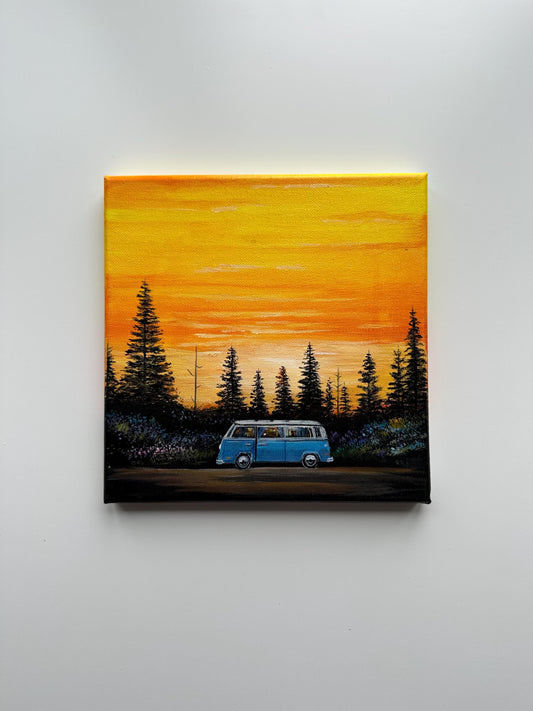 Sunset Road Trip Van in Pine Forest – Original Acrylic Painting, 8×8 inch on Canvas