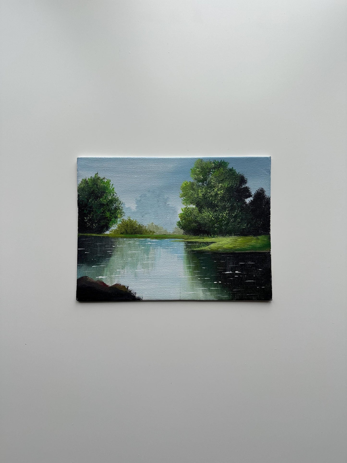 Still River with Trees – Original Acrylic Painting, 6×8 inch on Canvas Board