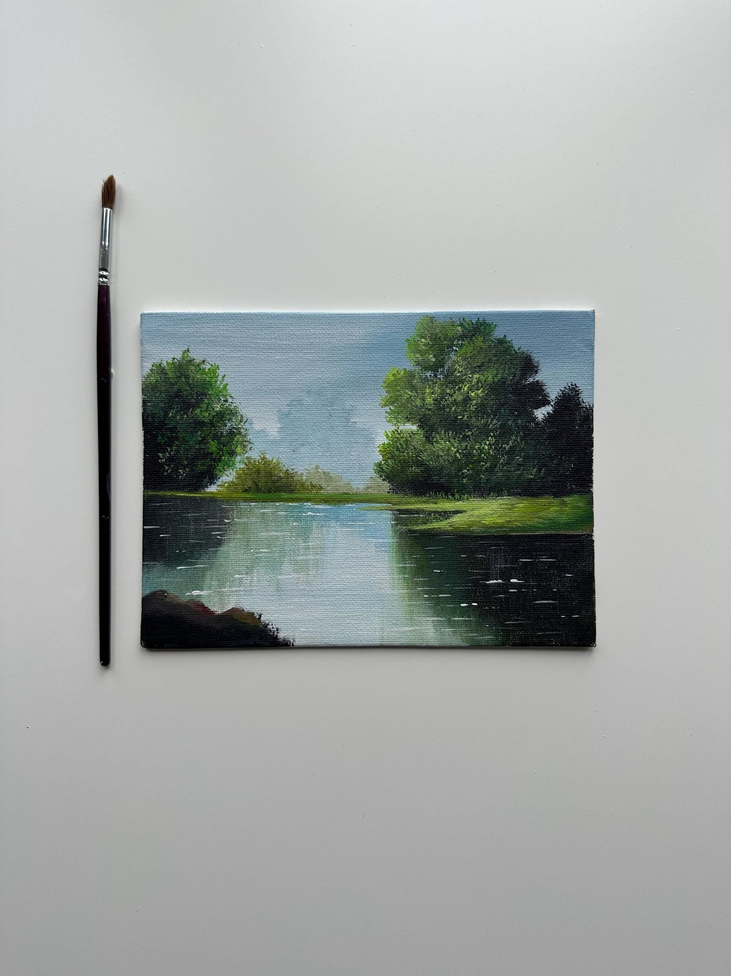 Still River with Trees – Original Acrylic Painting, 6×8 inch on Canvas Board