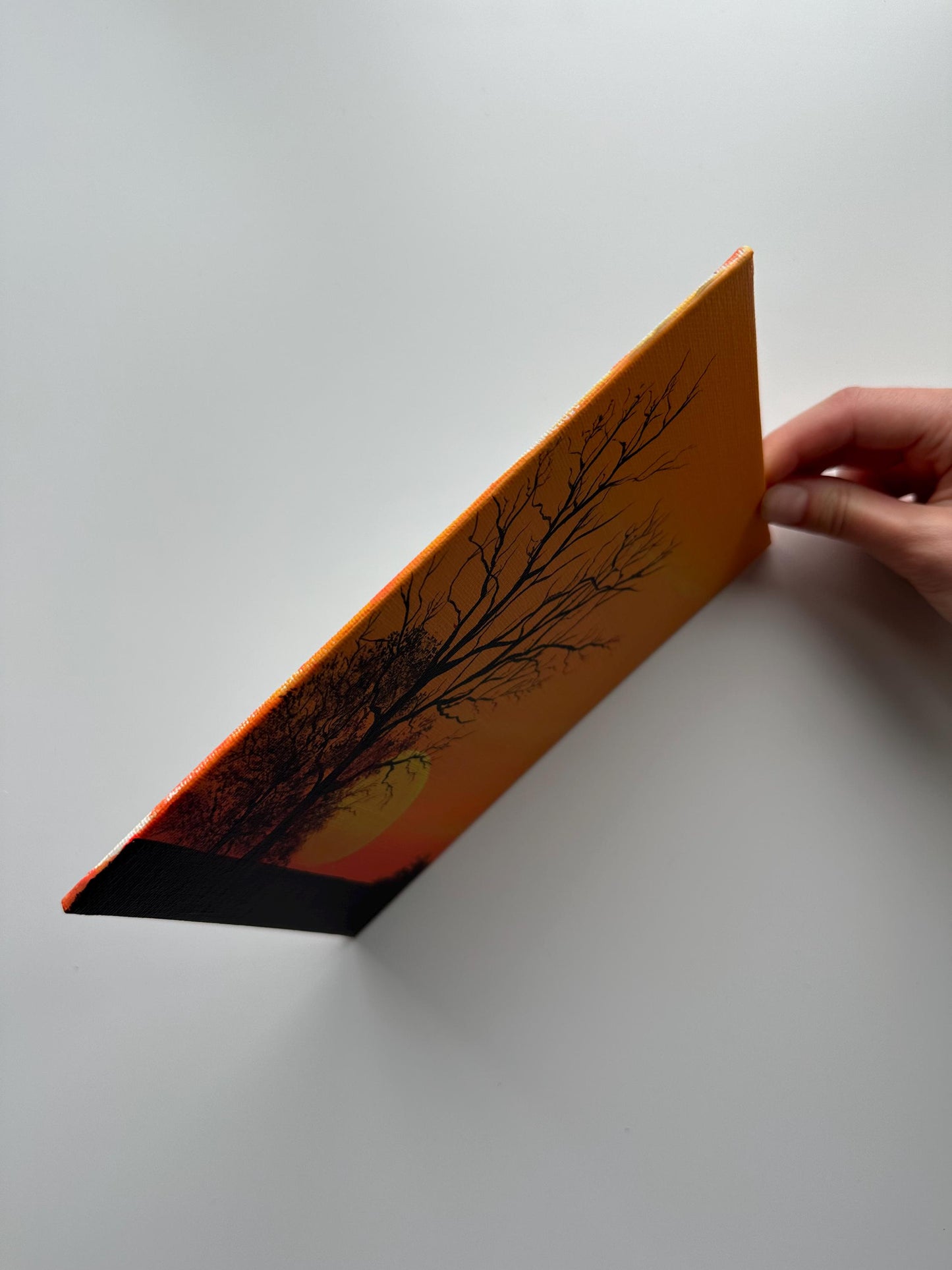 Golden Sunset with Silhouetted Trees – Original Acrylic Painting, 6×8 inch on Canvas Board