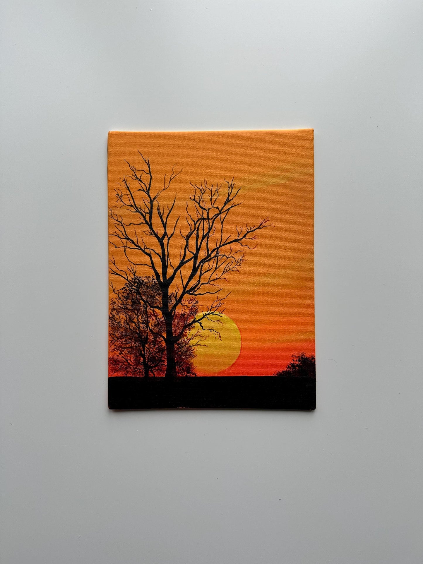 Golden Sunset with Silhouetted Trees – Original Acrylic Painting, 6×8 inch on Canvas Board