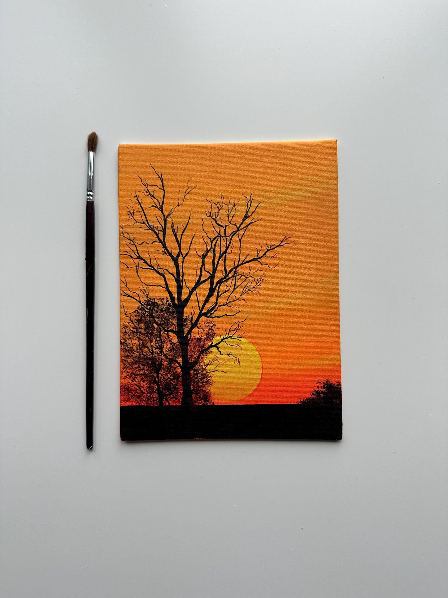 Golden Sunset with Silhouetted Trees – Original Acrylic Painting, 6×8 inch on Canvas Board