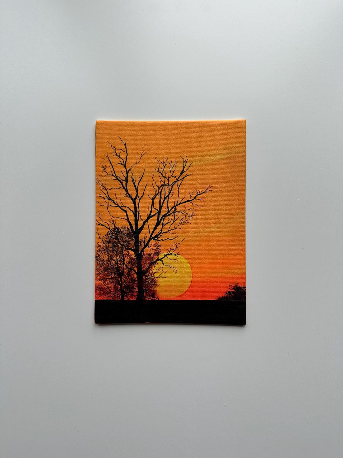 Golden Sunset with Silhouetted Trees – Original Acrylic Painting, 6×8 inch on Canvas Board