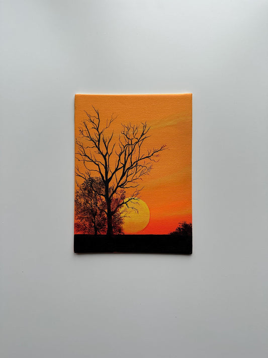 Golden Sunset with Silhouetted Trees – Original Acrylic Painting, 6×8 inch on Canvas Board