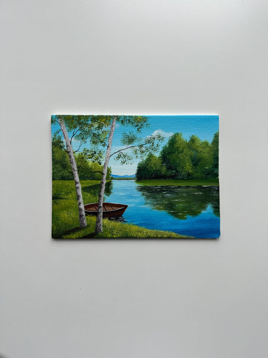 Rowboat by a Summer River – Original Acrylic Painting, 6×8 inch on Canvas Board