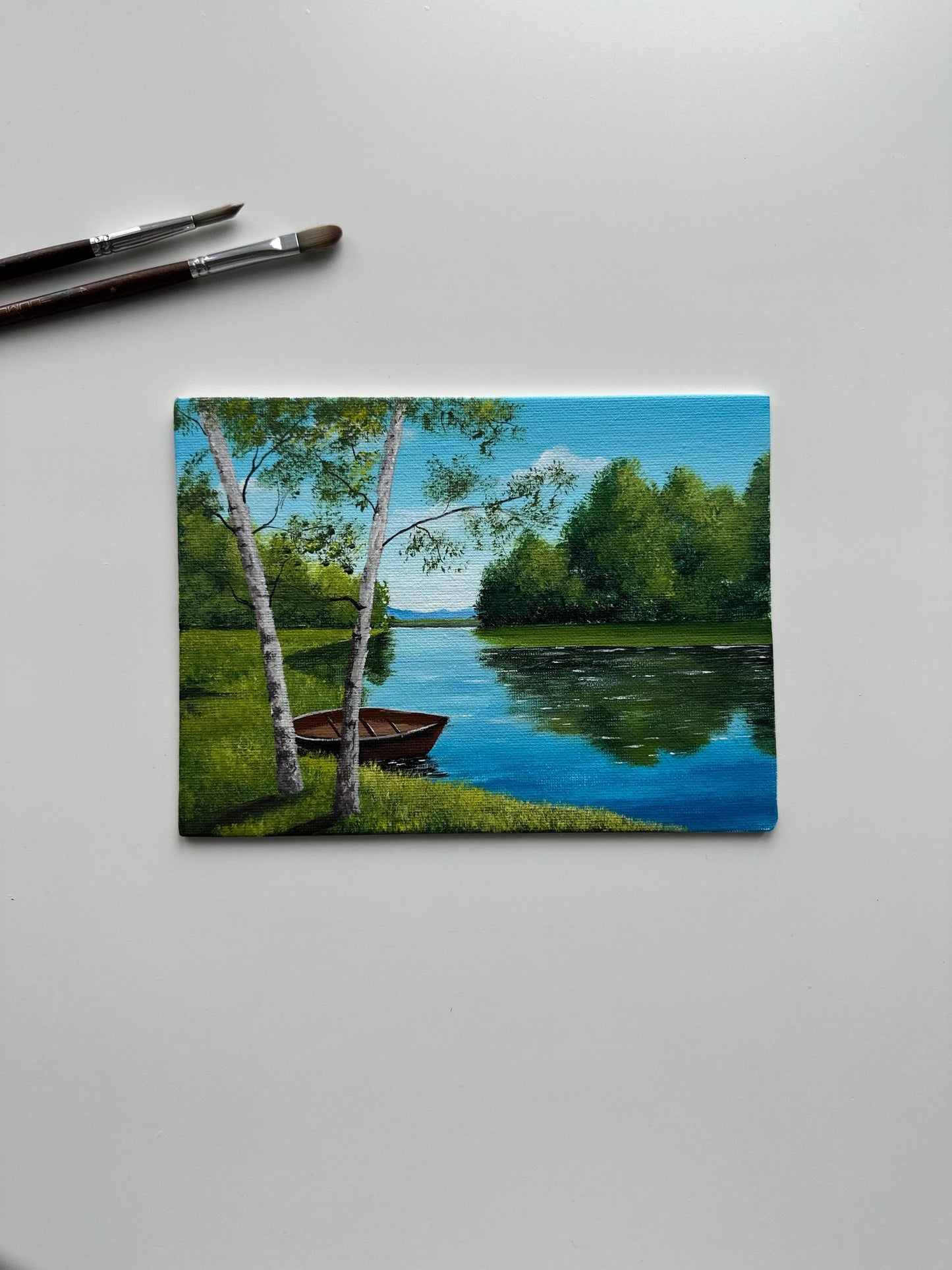 Rowboat by a Summer River – Original Acrylic Painting, 6×8 inch on Canvas Board