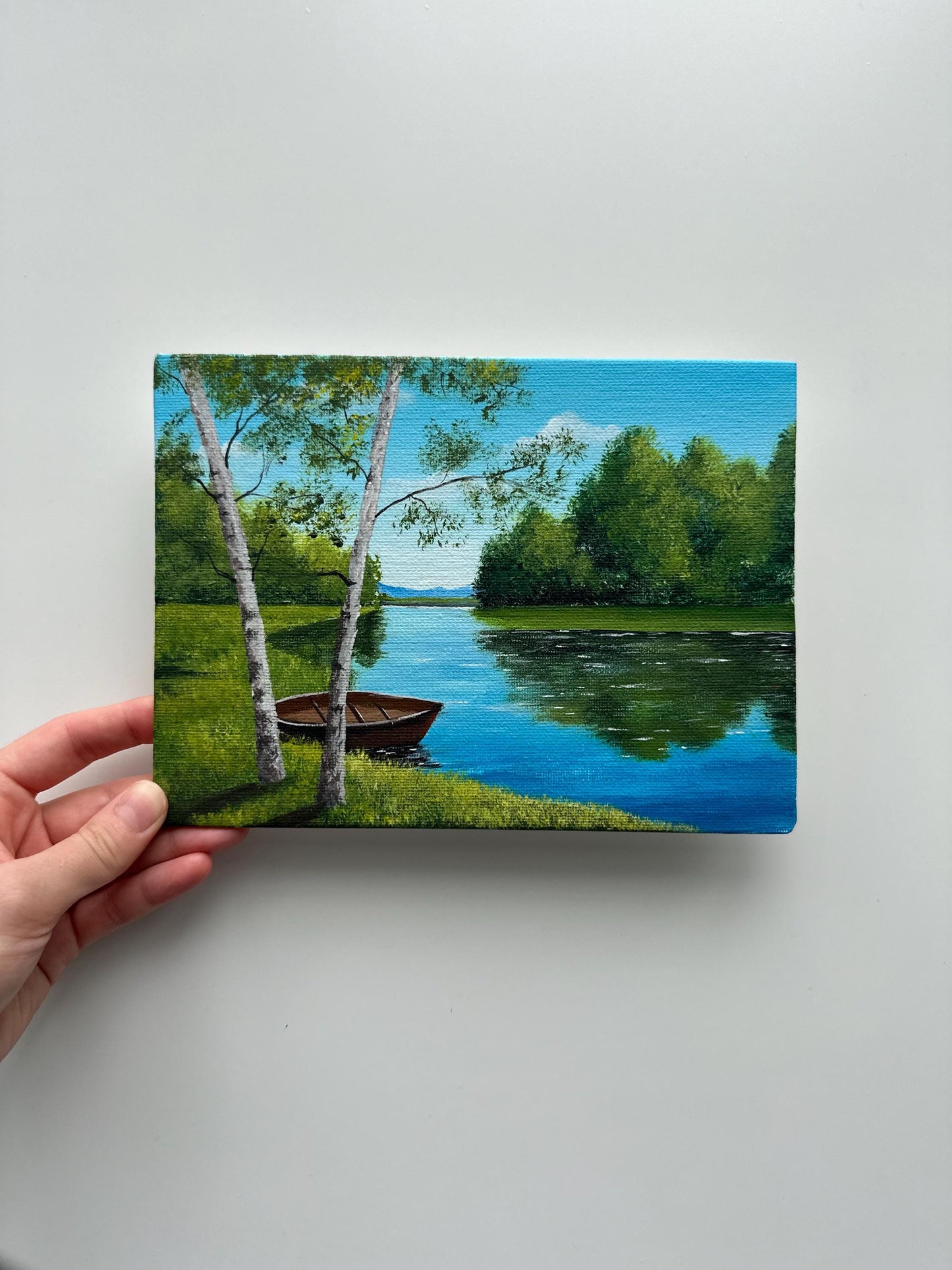 Rowboat by a Summer River – Original Acrylic Painting, 6×8 inch on Canvas Board