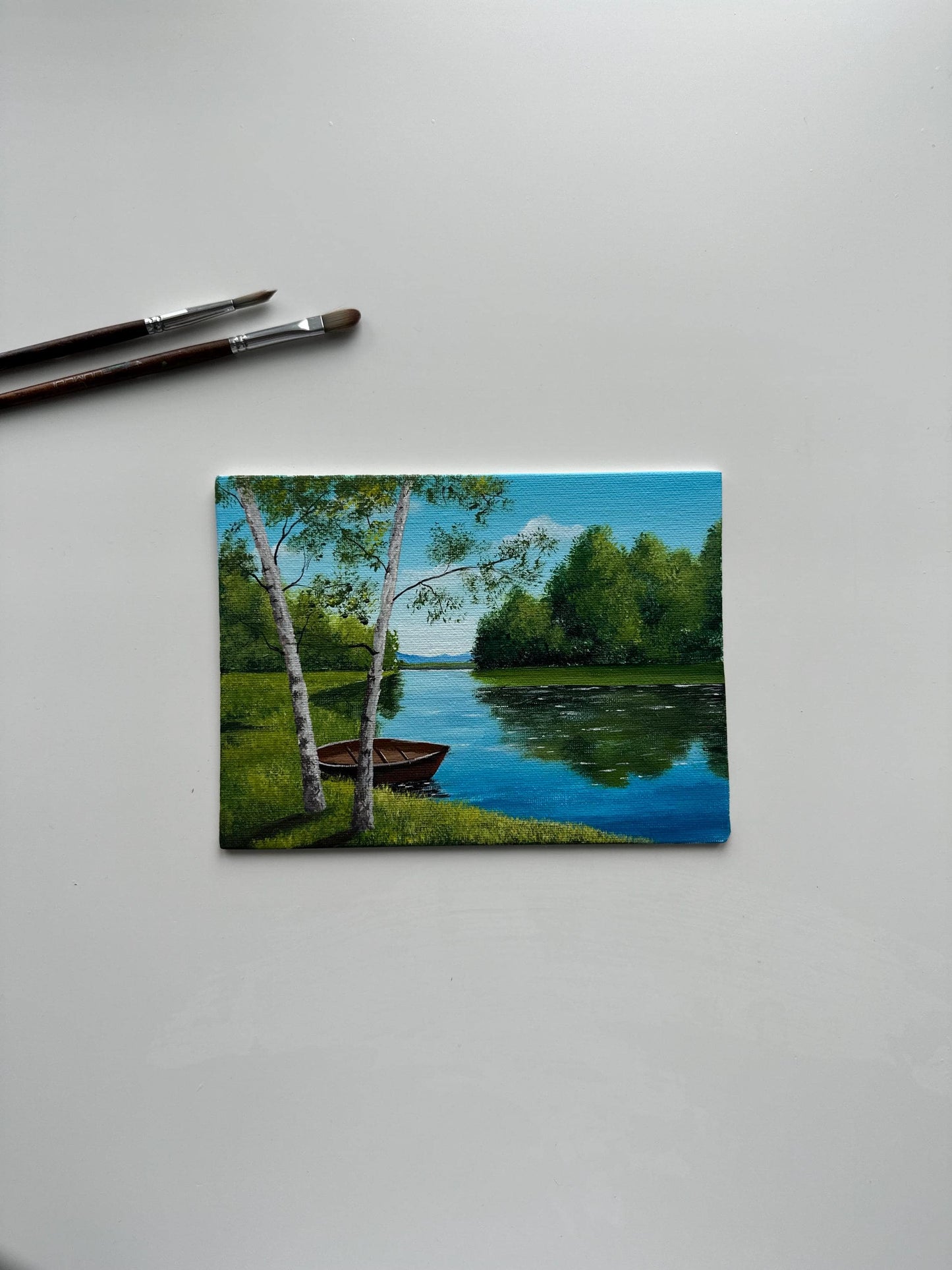 Rowboat by a Summer River – Original Acrylic Painting, 6×8 inch on Canvas Board