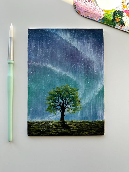 A Tree Under Northern Lights Acrylic Landscape Painting on Canvas Board