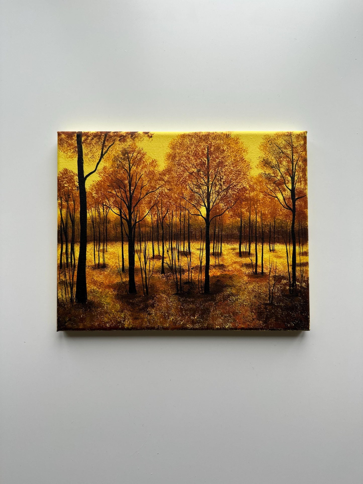 Golden Autumn Forest Glow – Original Acrylic Painting, 10×8 inch on Canvas