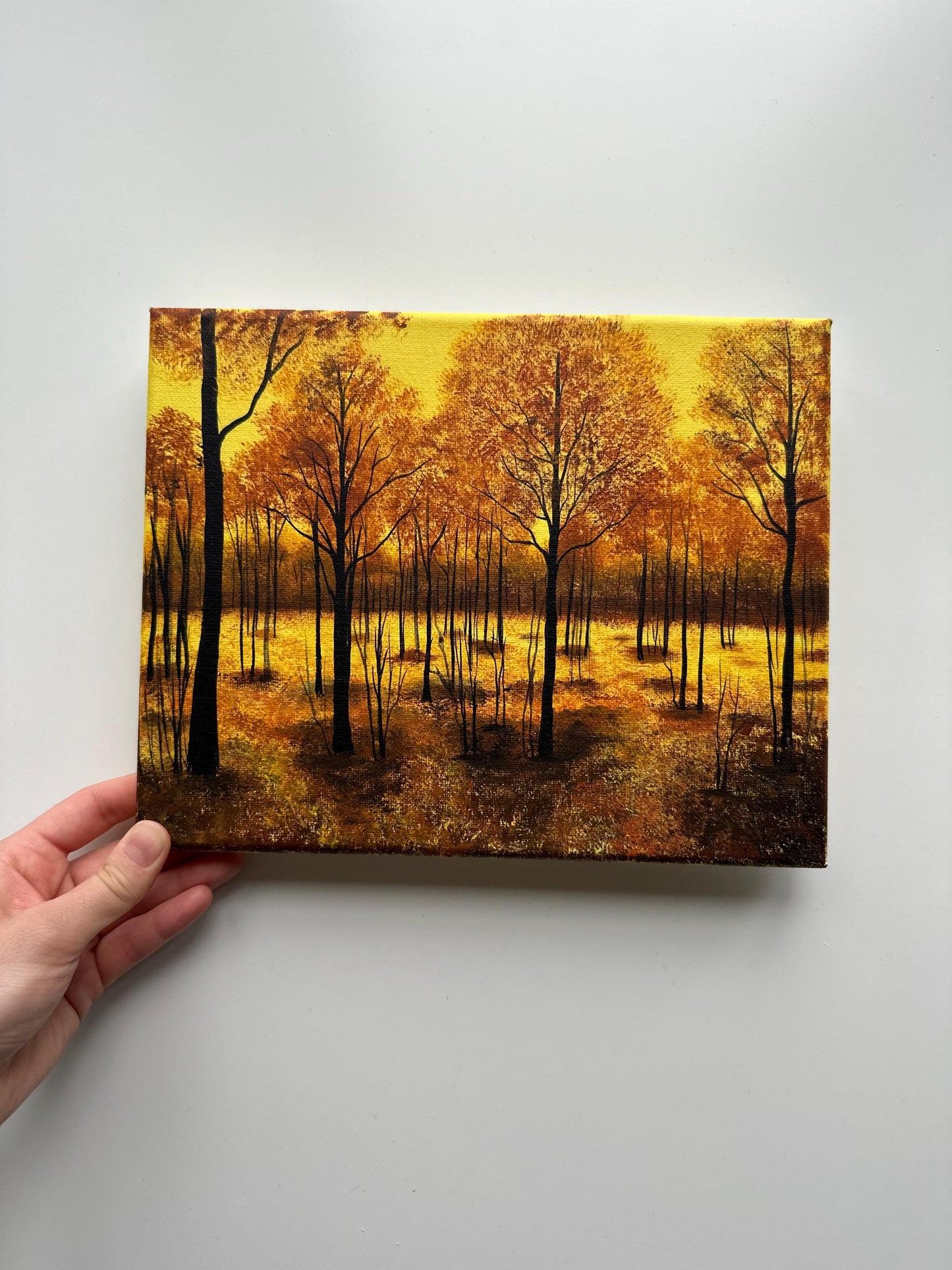 Golden Autumn Forest Glow – Original Acrylic Painting, 10×8 inch on Canvas