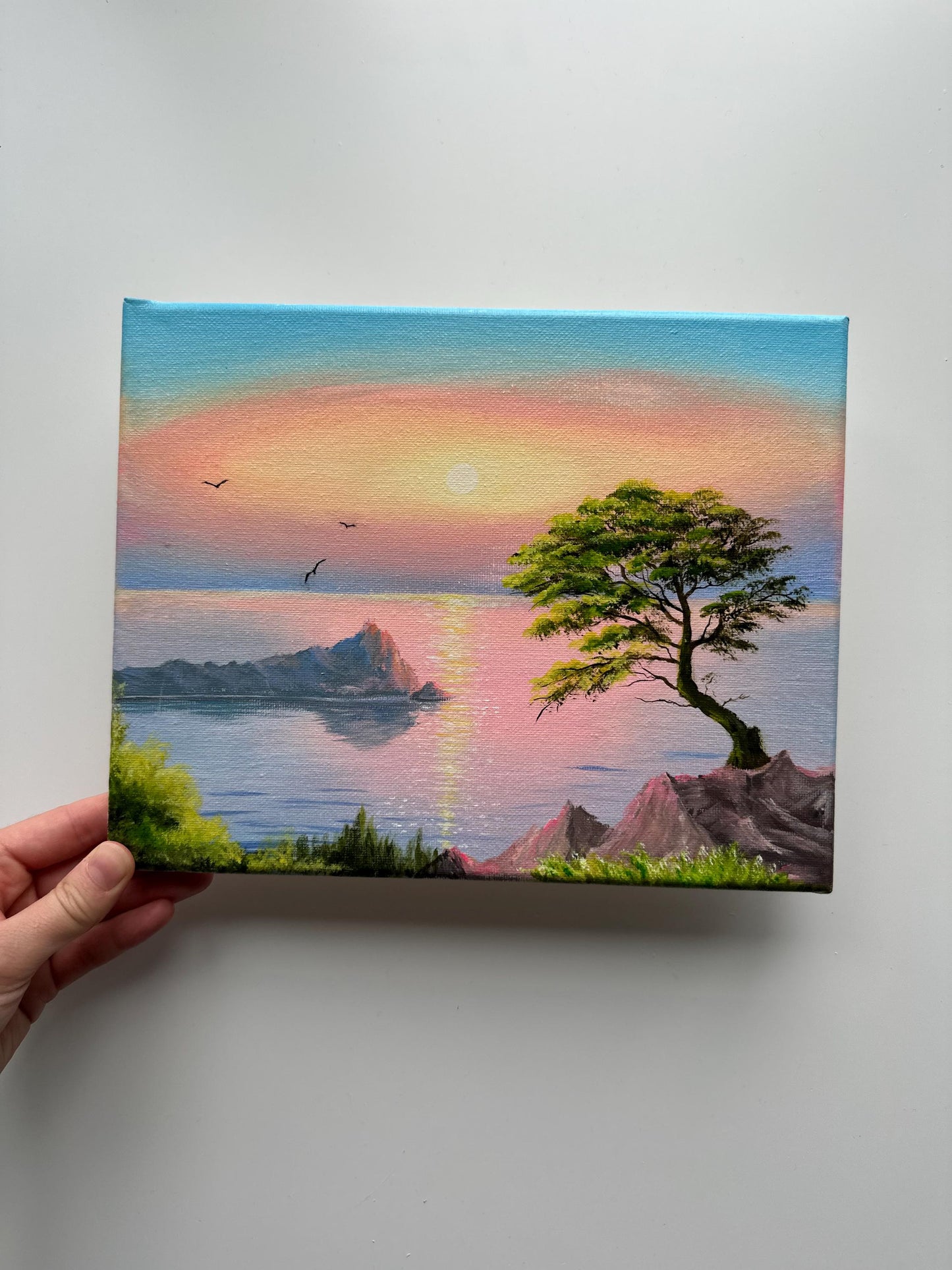 Pastel Sunset Over Quiet Ocean – Original Acrylic Painting, 10×8 inch on Canvas