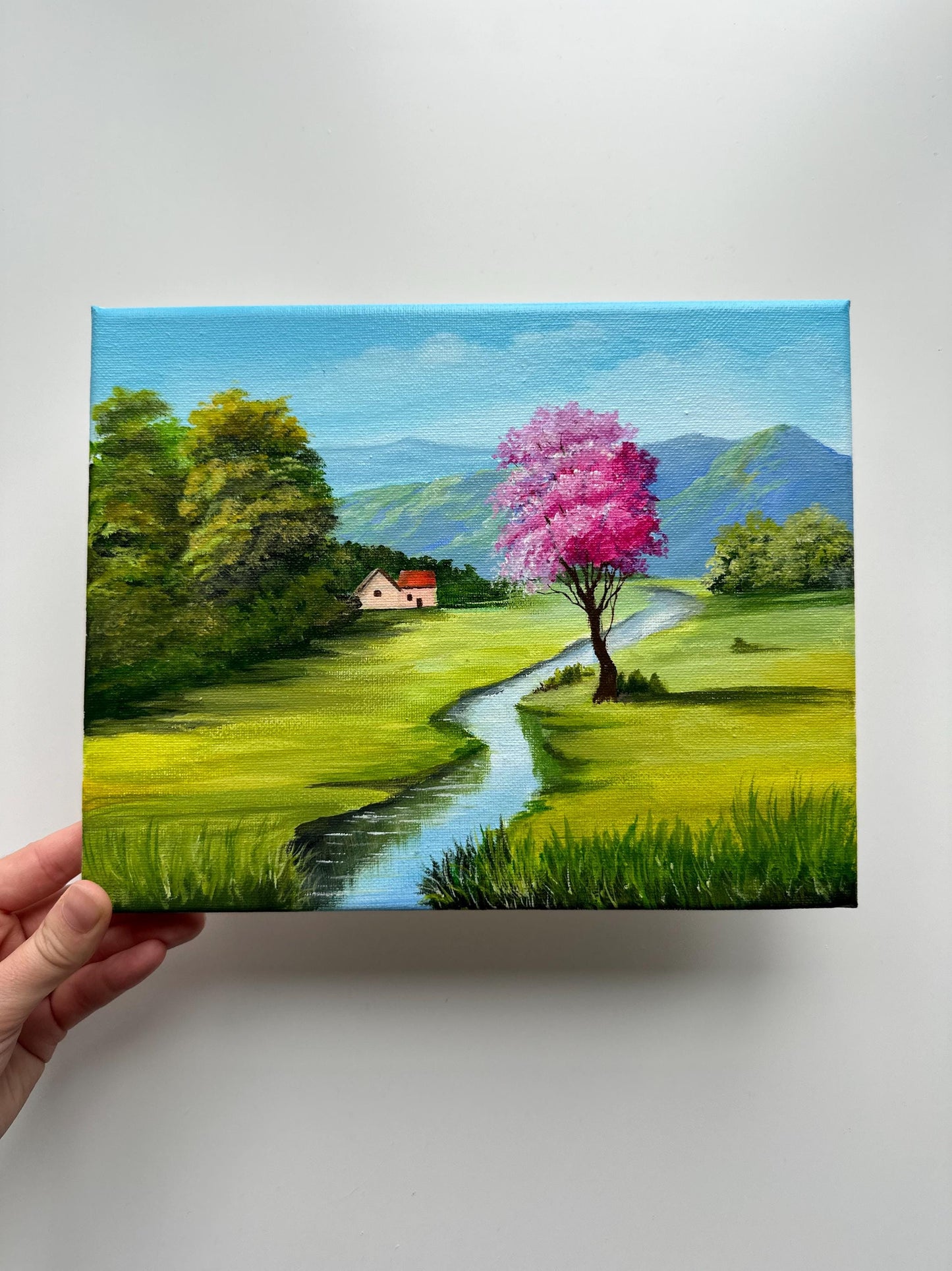 Spring Valley with Pink Tree – Original Acrylic Painting, 10×8 inch on Canvas