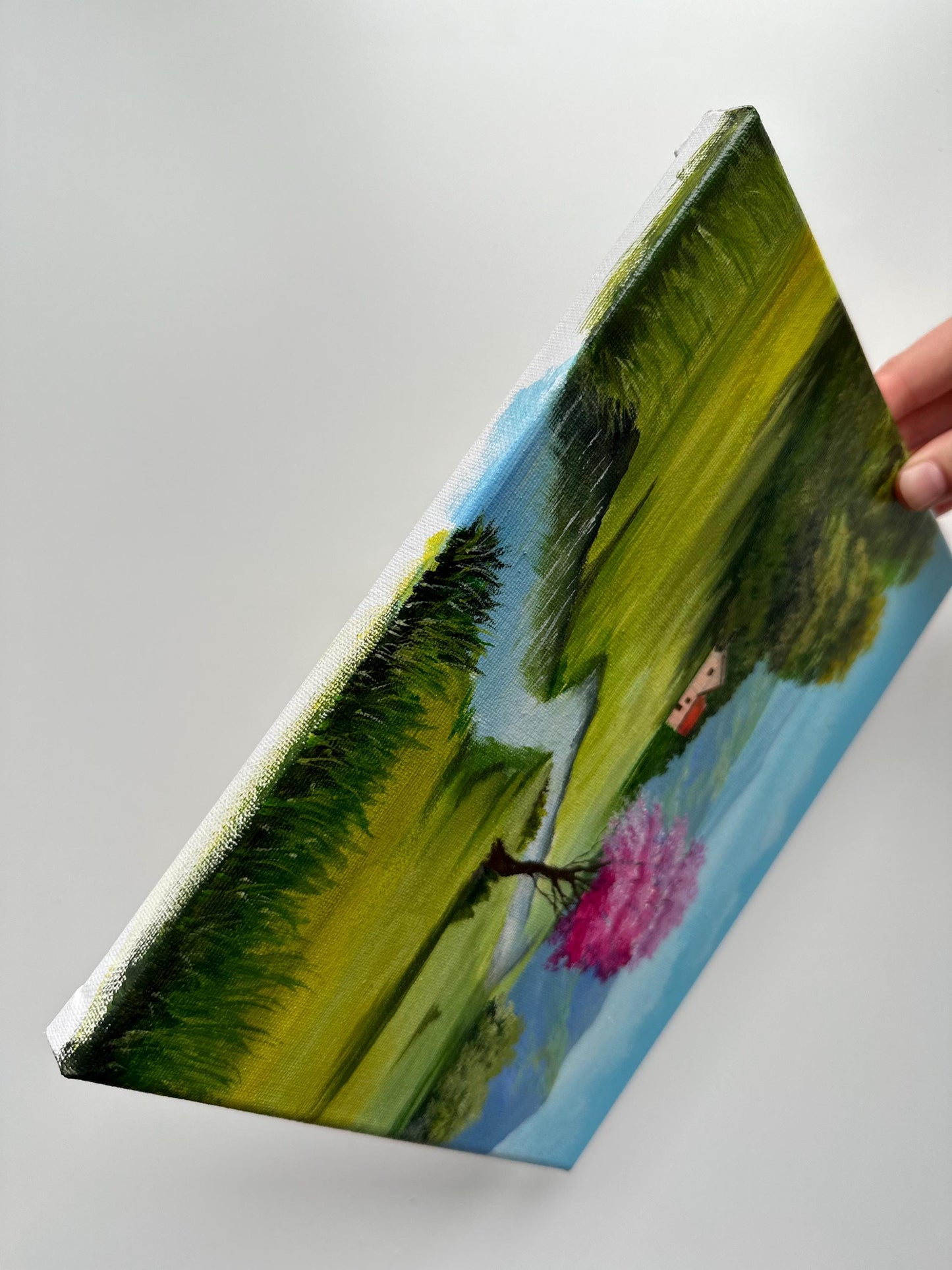 Spring Valley with Pink Tree – Original Acrylic Painting, 10×8 inch on Canvas