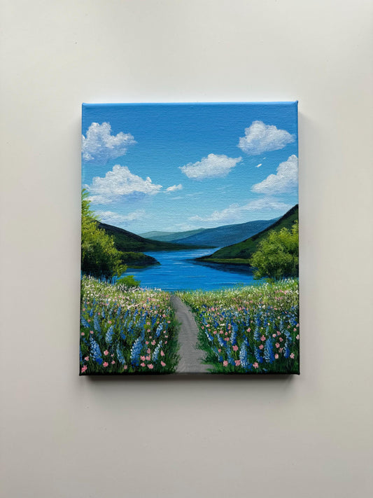 Wildflower Path to the Lake – 8x10 Original Acrylic Landscape Painting