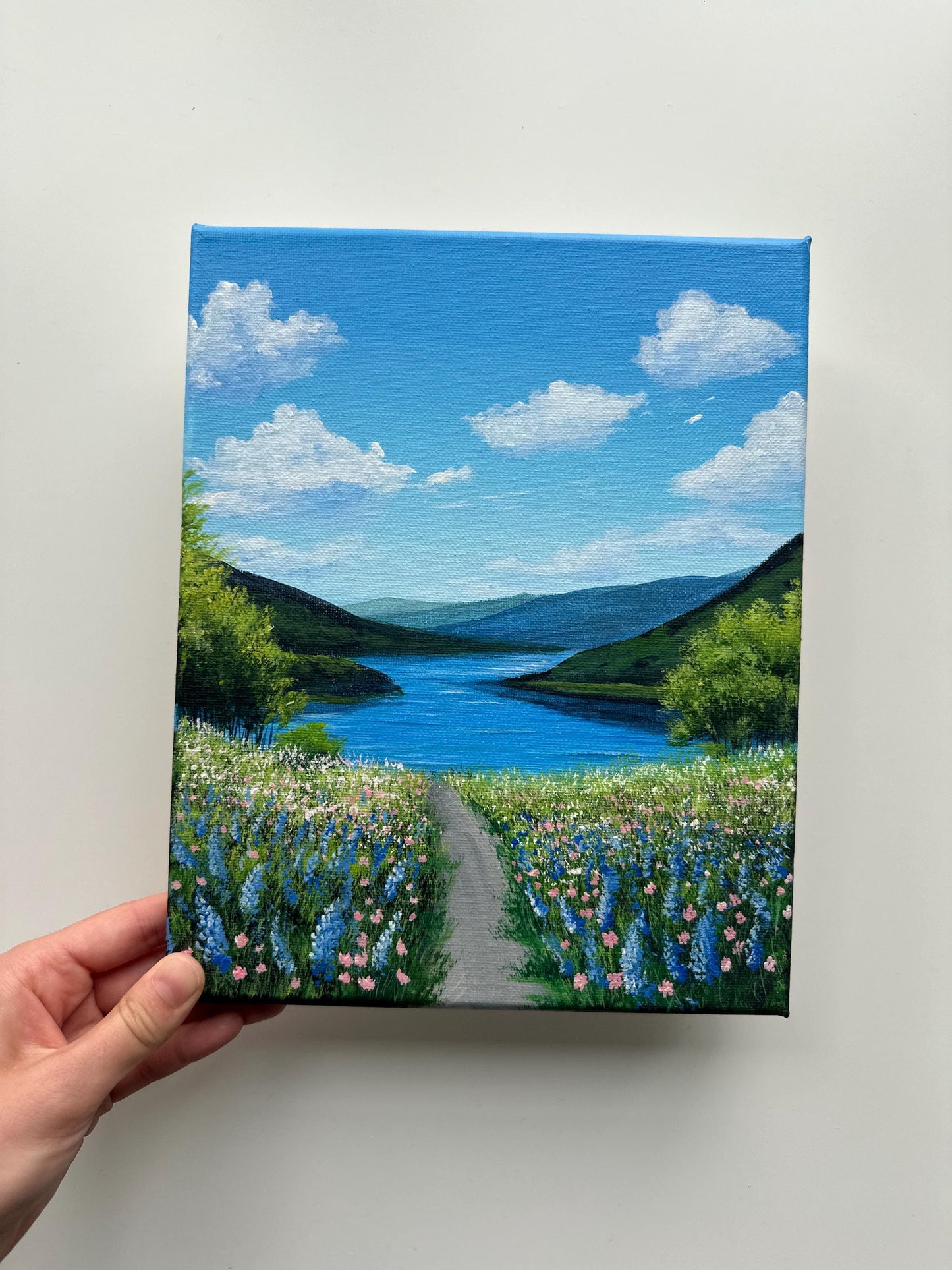 Wildflower Path to the Lake – 8x10 Original Acrylic Landscape Painting