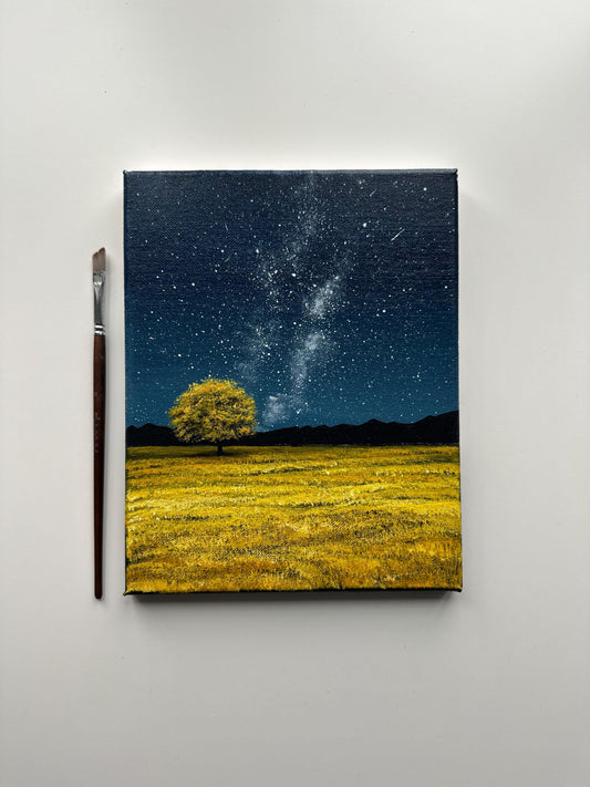 Golden Field at Night – 8x10 Starry Night Acrylic Landscape Painting