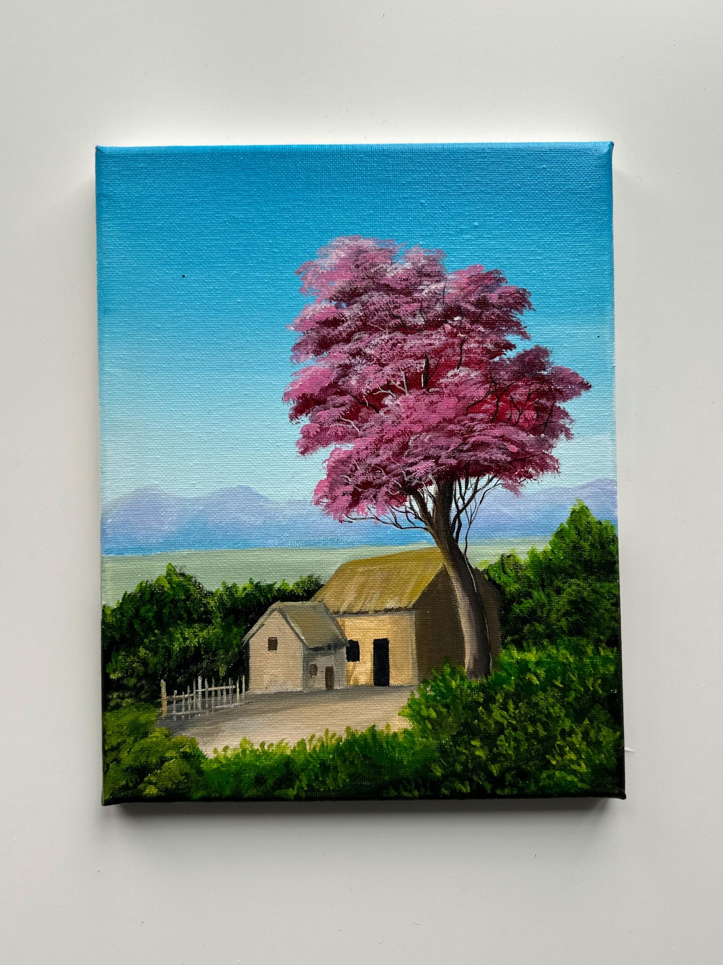 Cottage Under the Pink Tree – 8x10 Original Acrylic Landscape Painting