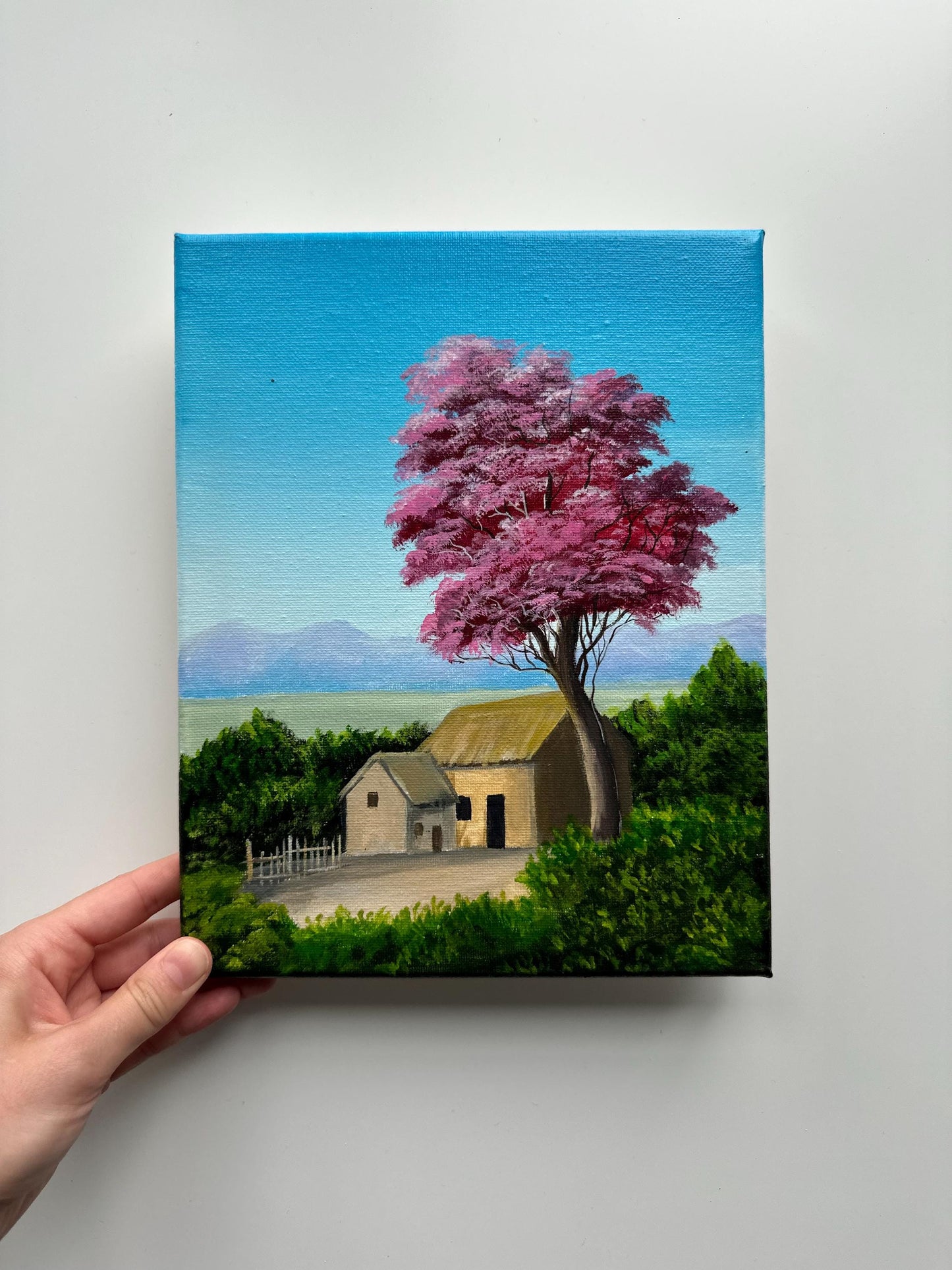 Cottage Under the Pink Tree – 8x10 Original Acrylic Landscape Painting