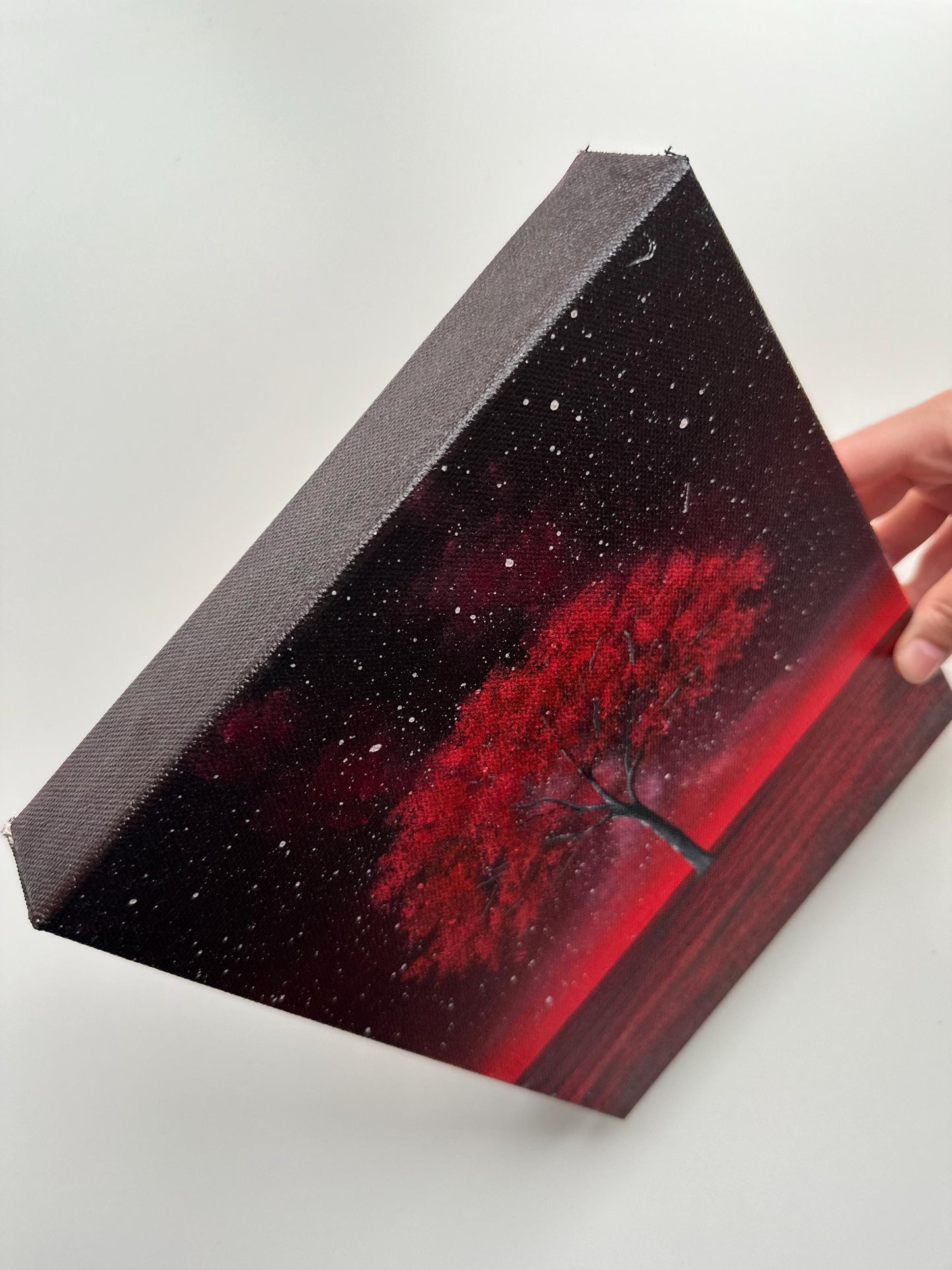 Crimson Tree Under the Stars – 8x10 Acrylic Painting on Gallery-Wrapped Canvas