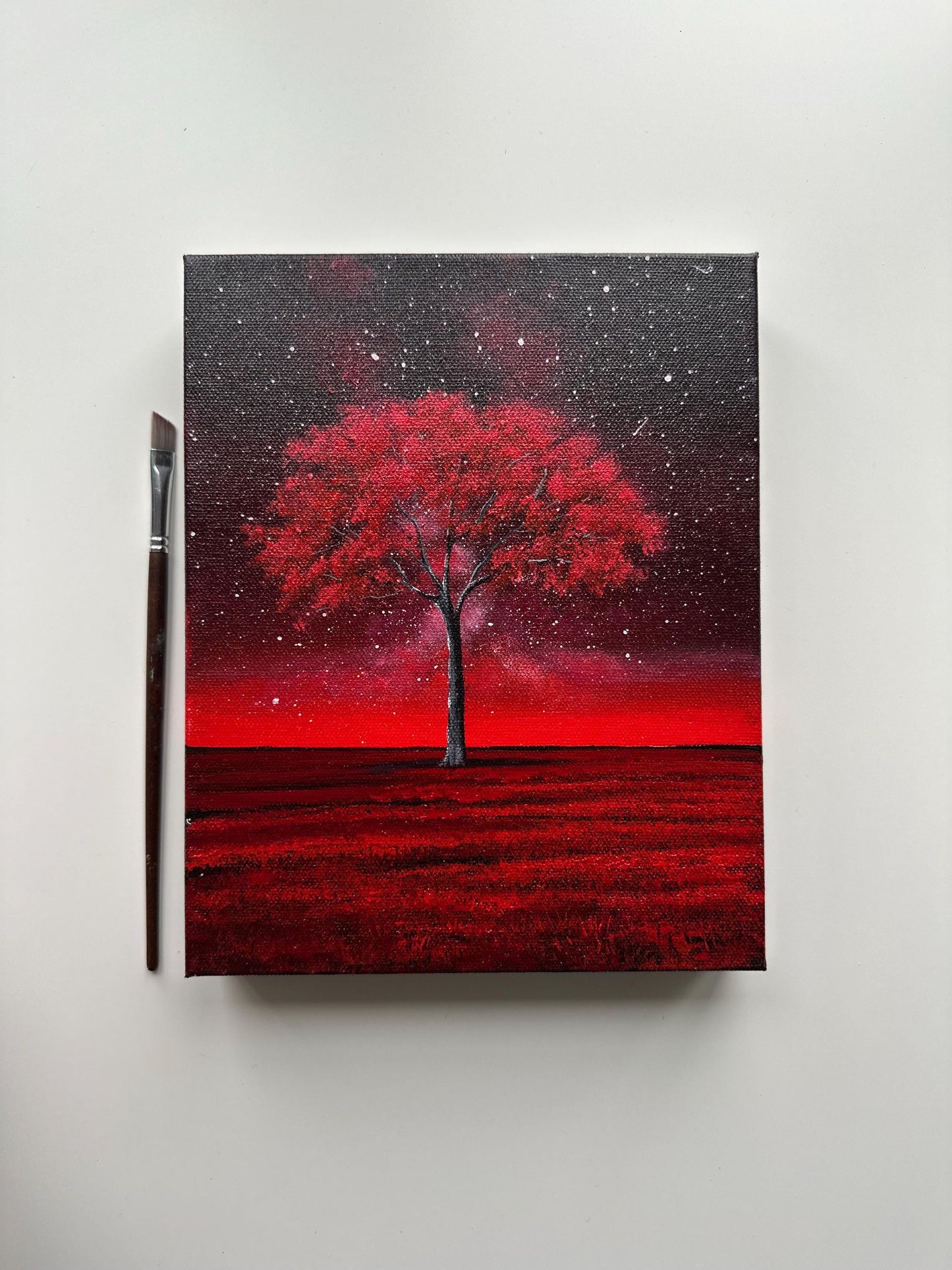 Crimson Tree Under the Stars – 8x10 Acrylic Painting on Gallery-Wrapped Canvas